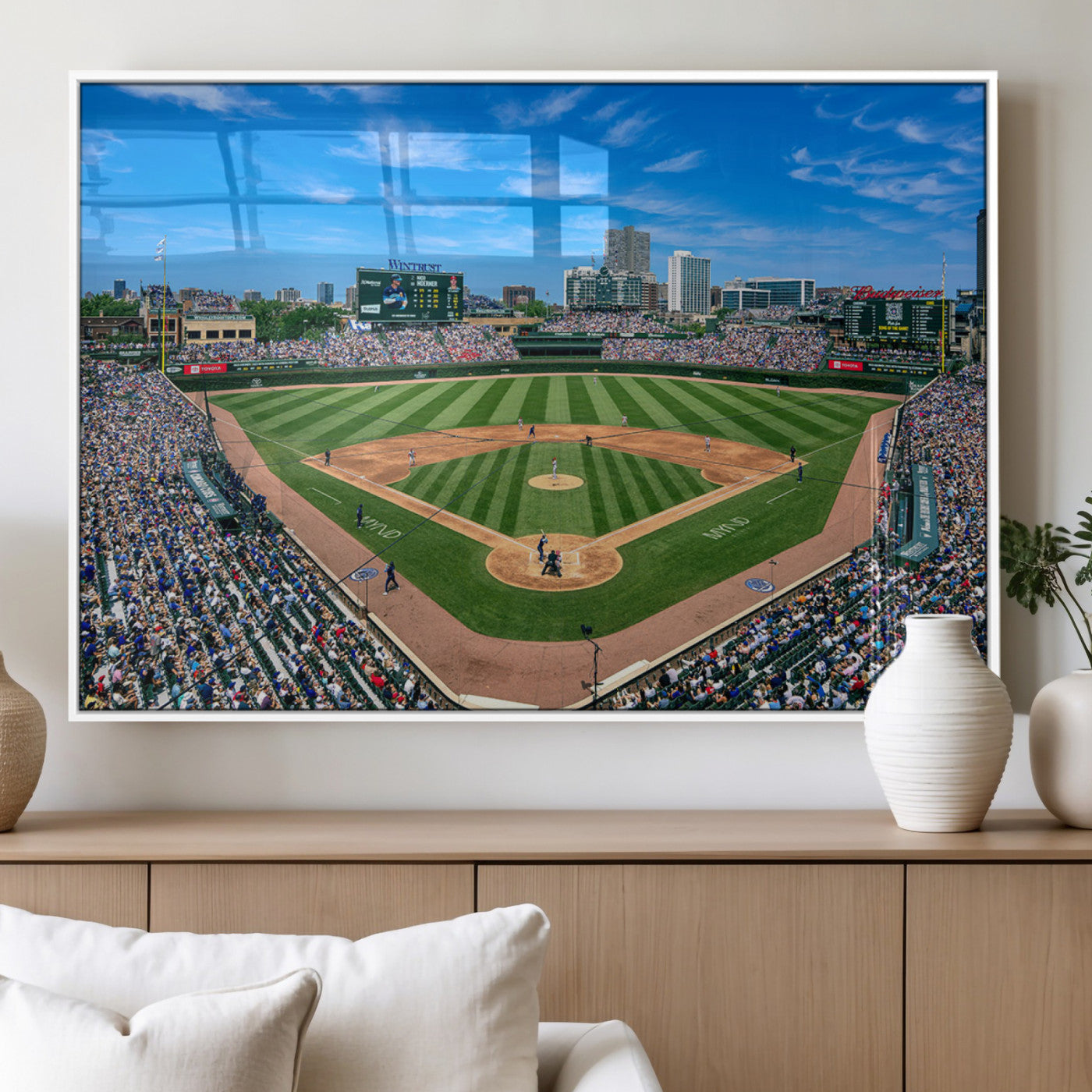 Wrigley Field Baseball Stadium Canvas Wall Art, Packed Crowd Sports Stadium Print, City Skyline Baseball Field Canvas for Game Room Decor