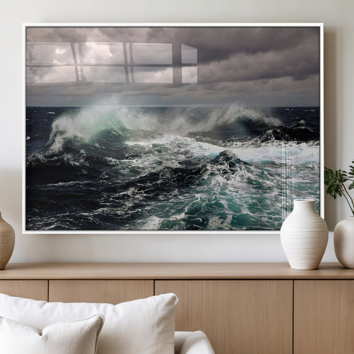 Powerful ocean waves crashing under stormy skies, creating a dynamic and intense seascape.
