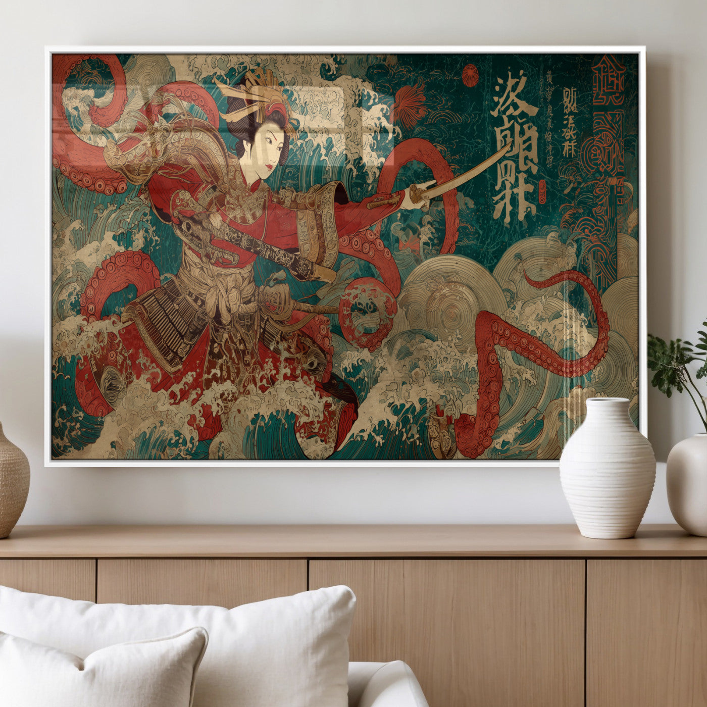 MGV-FP-36X24-3P - Tsukioka Yoshitoshi Samurai Wall Art Print, Japanese Katana Warrior Canvas Wall Art, Octopus Sea Monster Canvas Print,