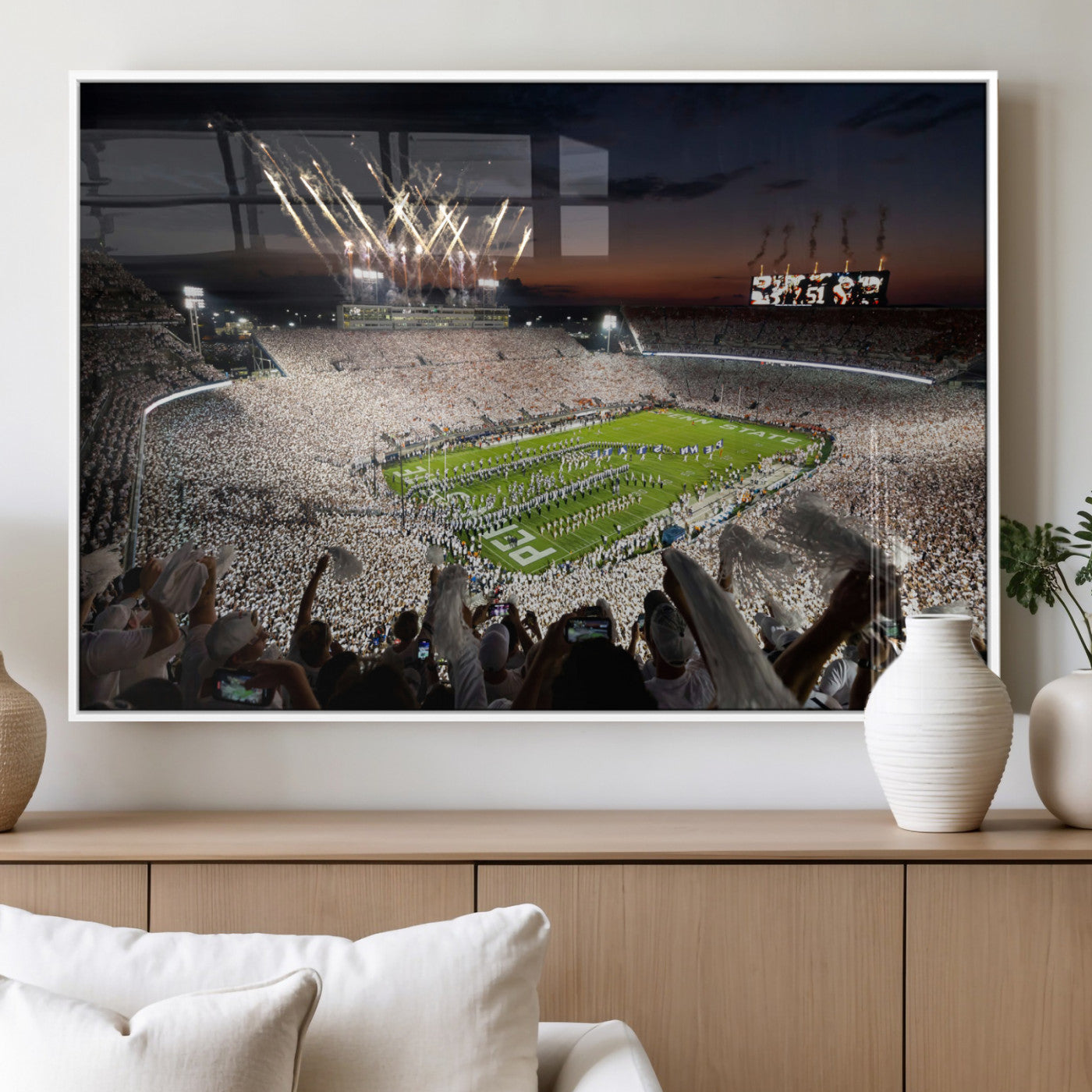 Penn State Stadium Wall Art Print, White Out Football Game Canvas Wall Art, Framed Sports Stadium, Large College Football Canvas Print for Game Room - Man Cave + 555