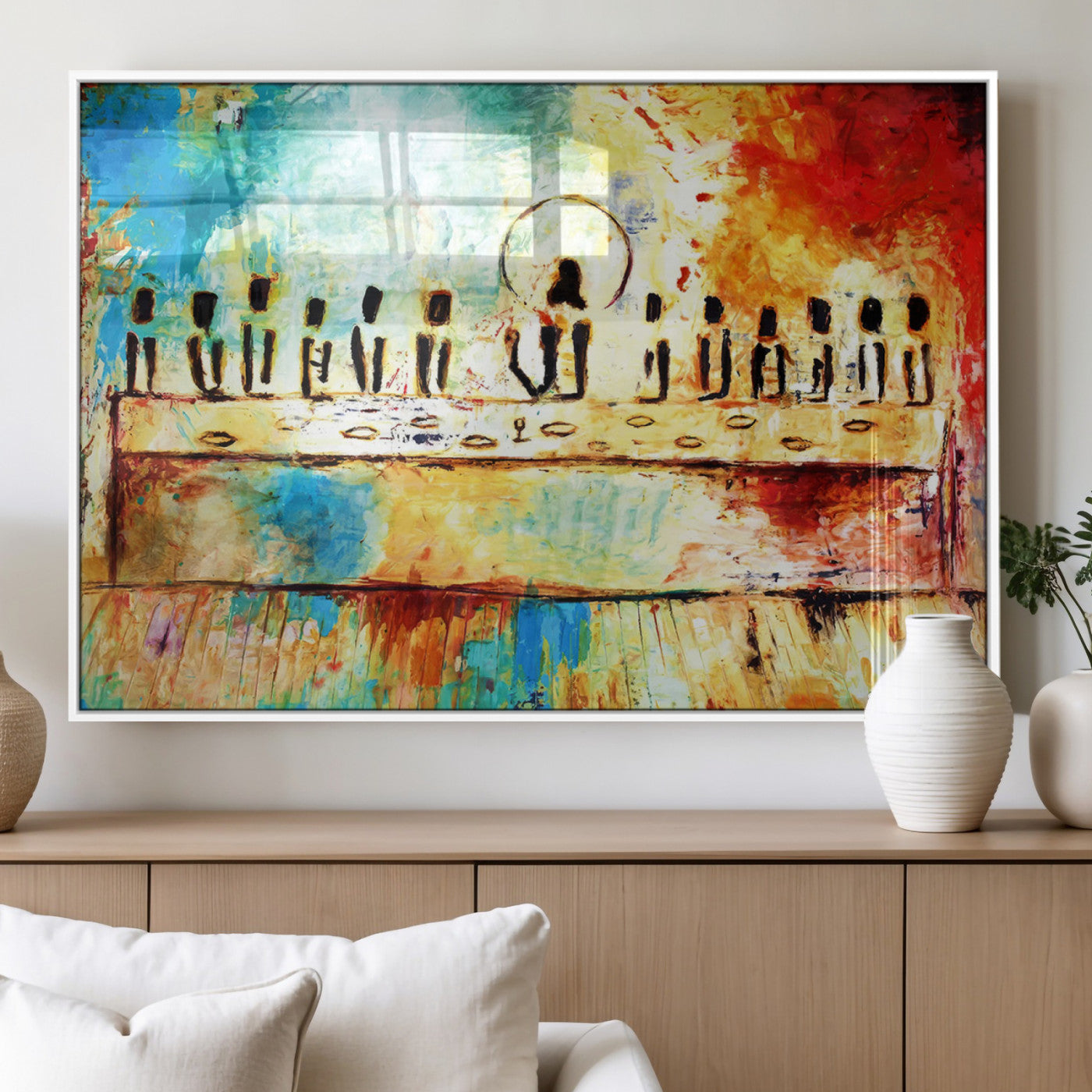68892000-MGV-CV-60X30-3P_White-Abstract Last Supper Art Print, Vibrant Contemporary Jesus & Disciples Painting, Modern Expressionist Wall Decor for Home or Office Display