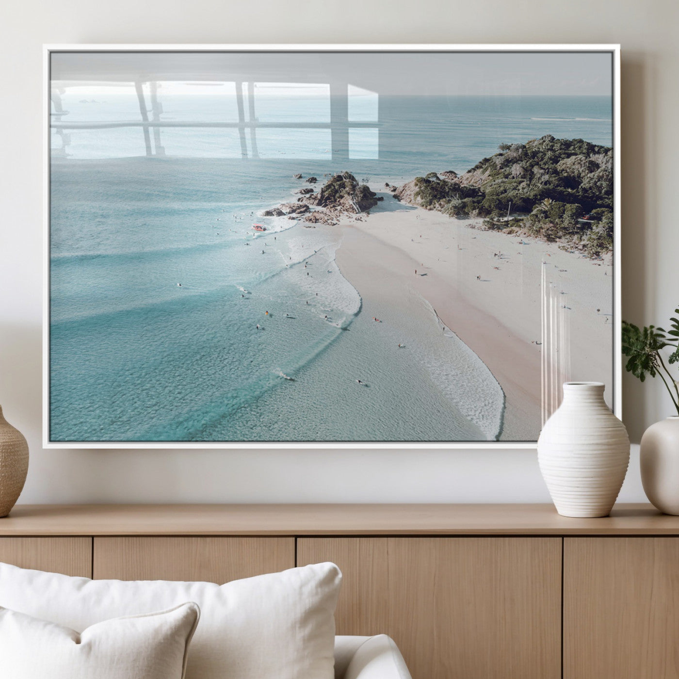 79395467-MGV-CV-60X30-3P_White-Aerial Beach Canvas Wall Art Print, Coastal Ocean Waves and Surfers, Large Scenic Seaside Canvas for Home or Office 1 Panel Wrapped Canvas