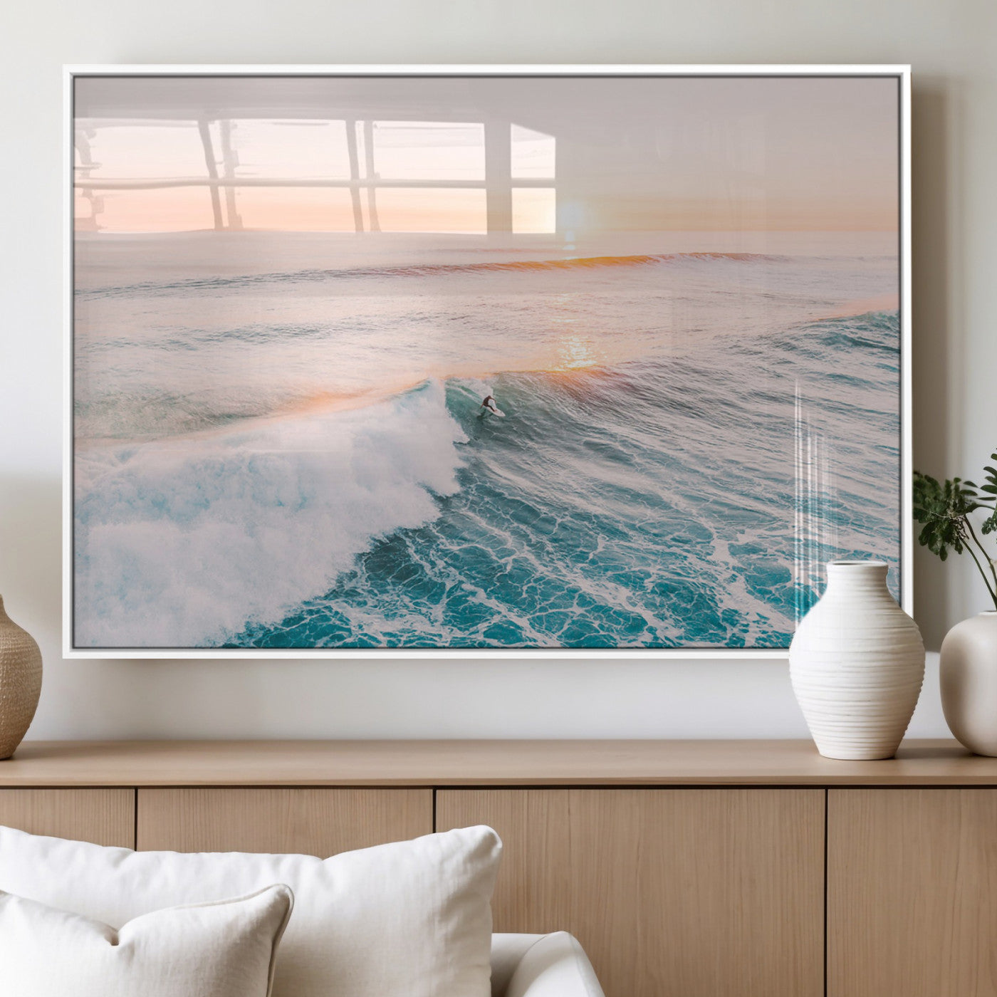 34064591-MGV-CV-60X30-3P_White-Sunset Surfing Canvas Wall Art Print, Ocean Wave Surfer Decor, Large Coastal Surf Canvas for Beach House or Living Room 1 Panel Wrapped Canvas