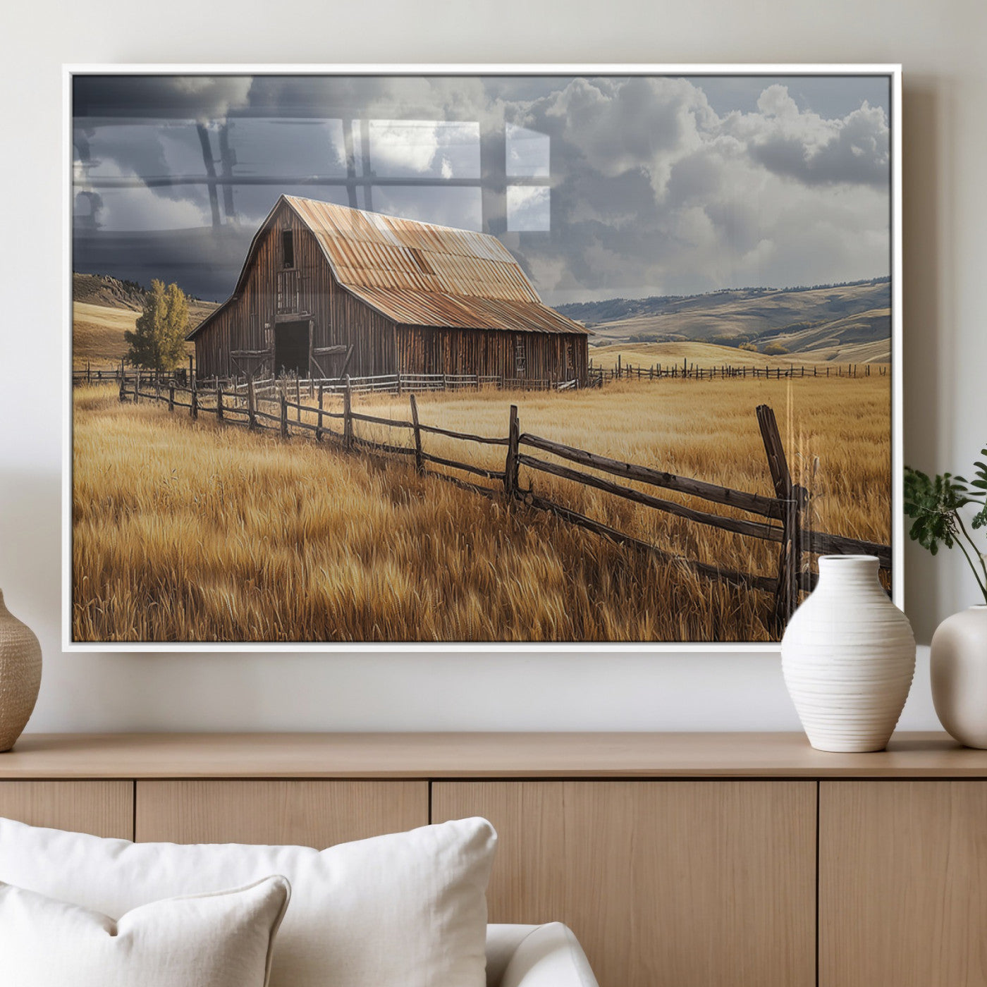 "Rustic barn surrounded by golden fields, a wooden fence, and dramatic storm clouds in the sky, capturing a serene countryside landscape."