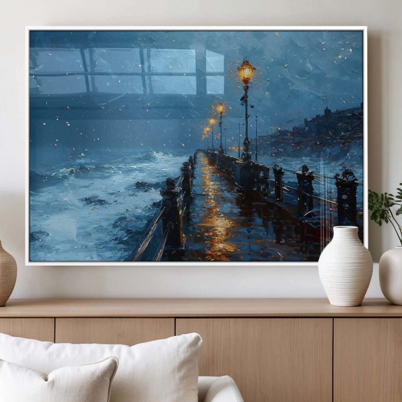 "Impressionistic painting of a stormy pier with street lamps glowing, waves crashing, and a misty ocean under a blue sky."