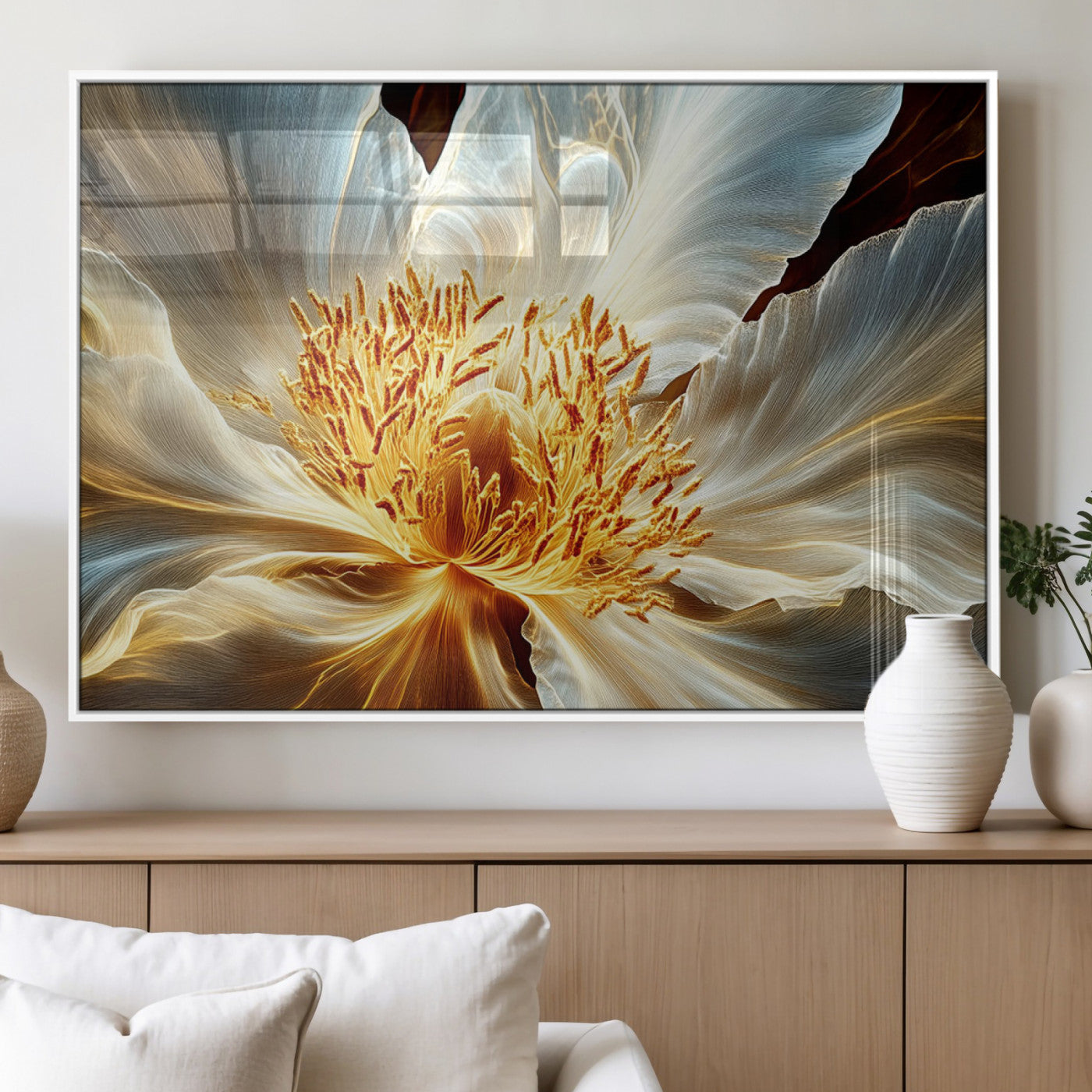 "Close-up of a glowing, abstract flower with delicate white petals and vibrant golden-yellow stamen against a dark background."
