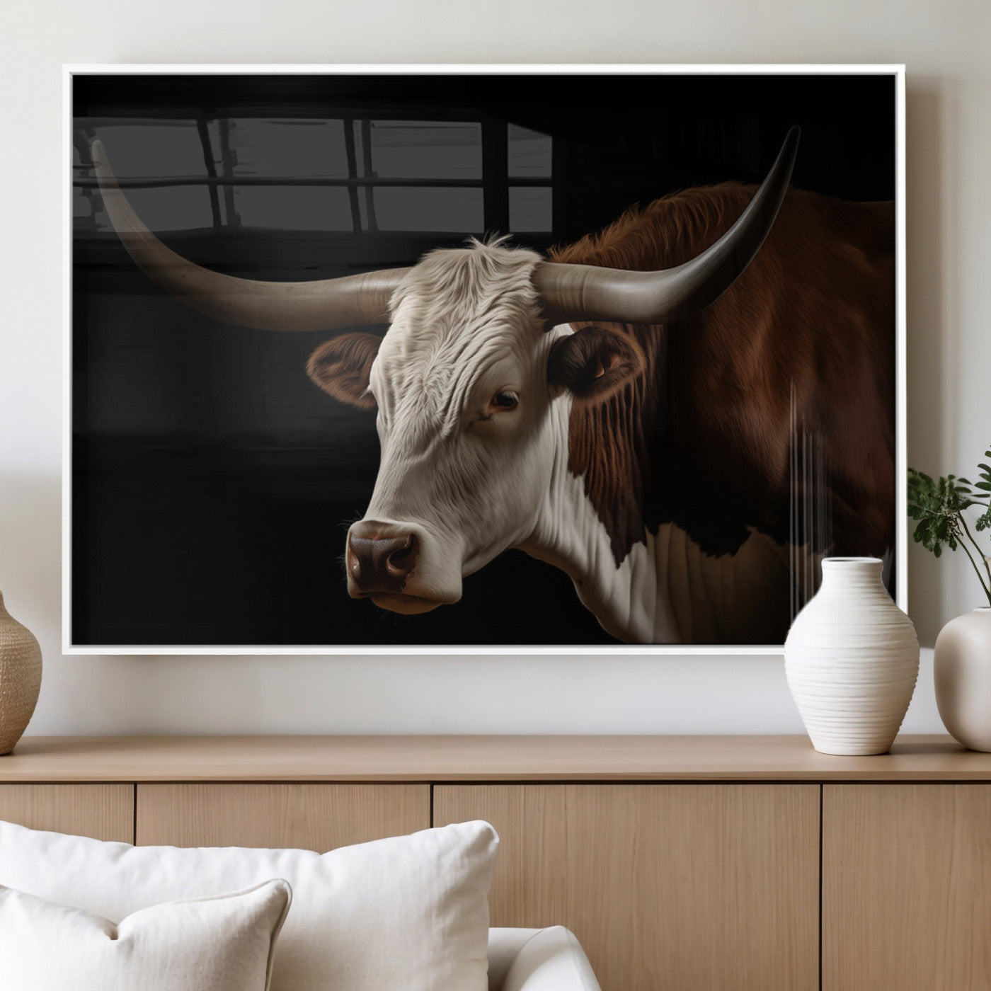 "Close-up of a brown and white longhorn cow with prominent curved horns against a black background."