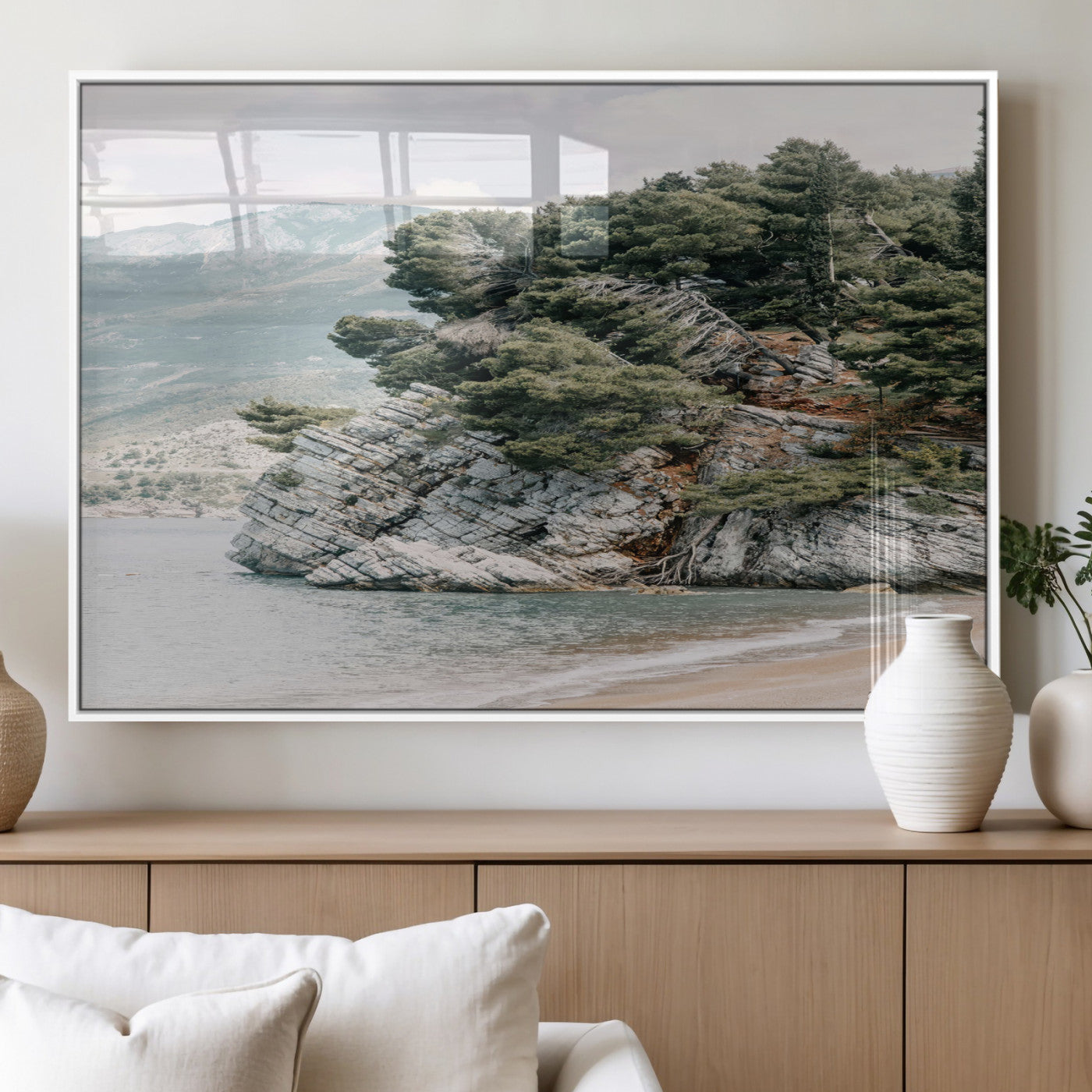 MGV-FP-36X24-3P - Coastal Rock Canvas Wall Art Print, Scenic Beach Landscape, Pine Trees on Rocky Cliff, Large Nature