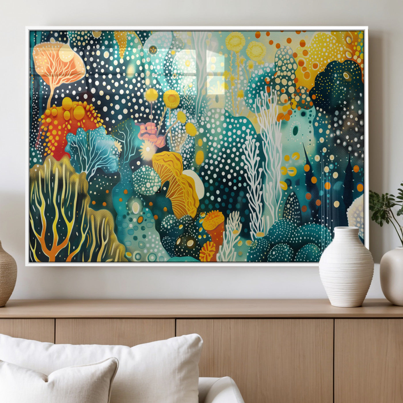Abstract underwater coral reef illustration with vibrant colors, dotted textures, and stylized marine flora – Wall Art Canvas Print.