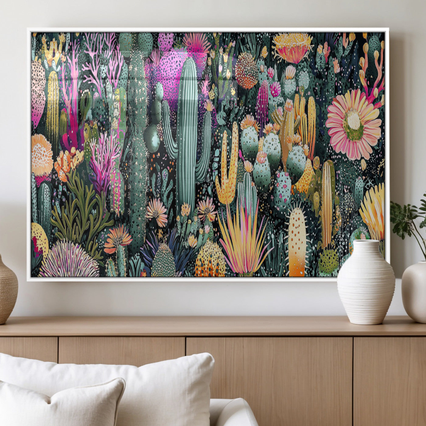 Colorful and detailed painting of various cacti and desert flowers in vibrant hues on a dark background – Wall Art Canvas Print.