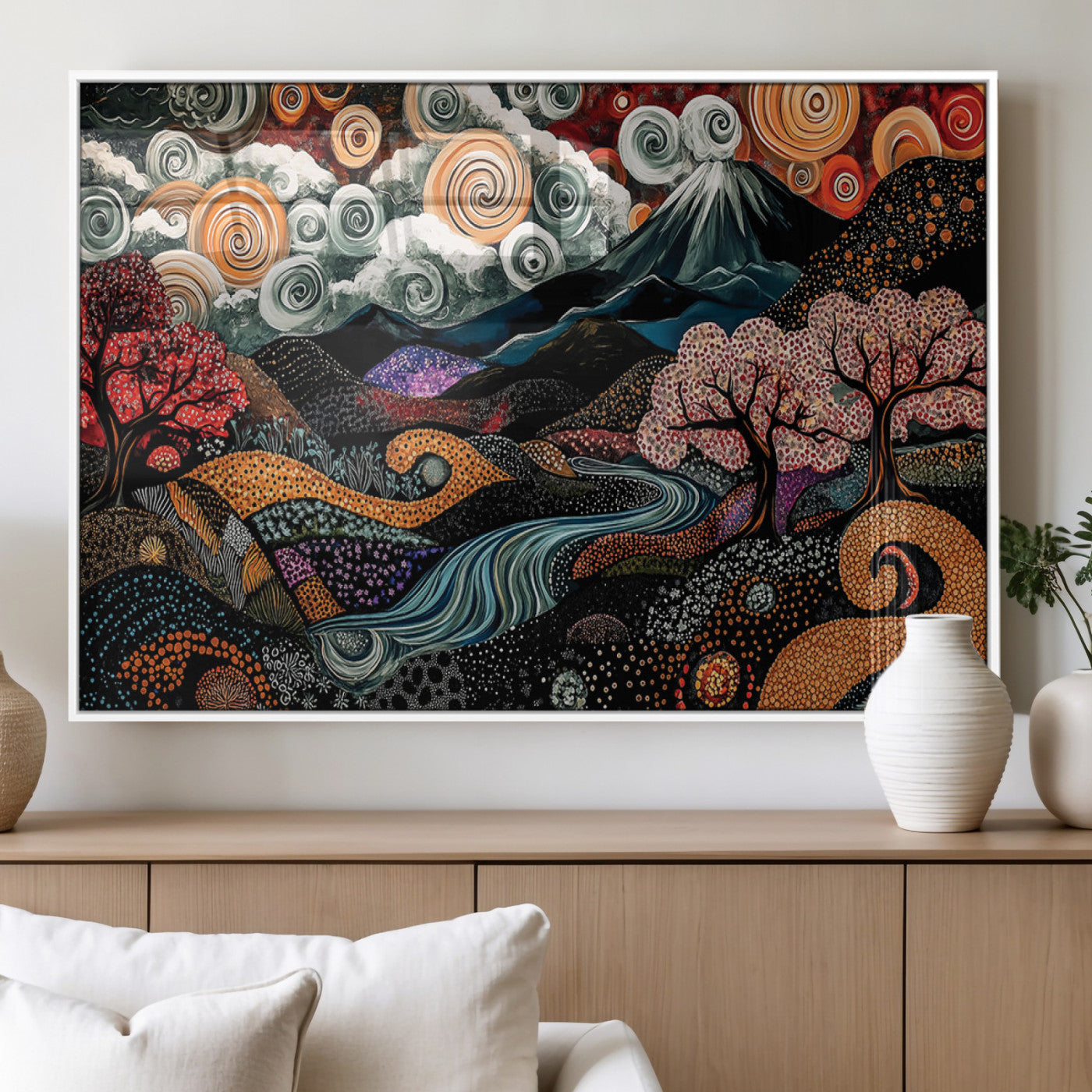 Vibrant abstract landscape painting featuring swirling clouds, colorful trees, flowing river, and textured hills under a mountain – Wall Art Canvas Print.