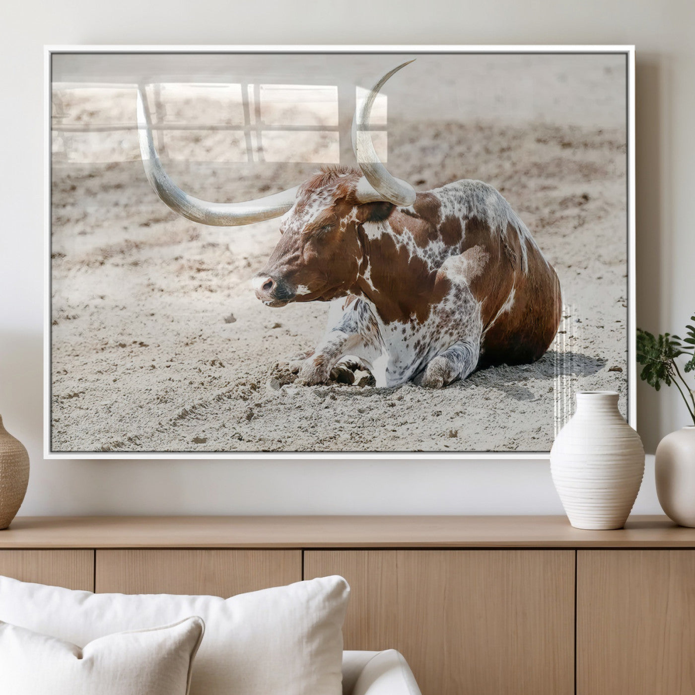 MGV-FP-60X30-3P - Majestic Longhorn Resting on Sunlit Desert Ground – Striking Western-Themed Wall Art Canvas Print