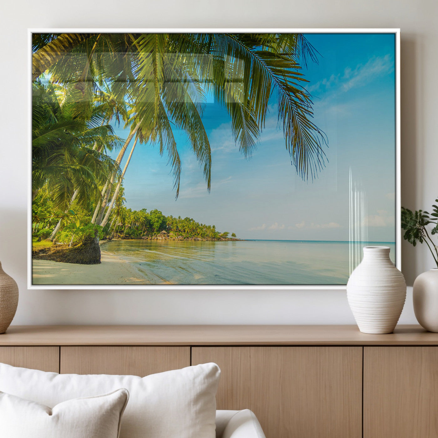 MGV-FP-60X30-3P - Peaceful Tropical Beach with Palm Trees and Calm Blue Sea – Serene Coastal Wall Art Canvas Print for