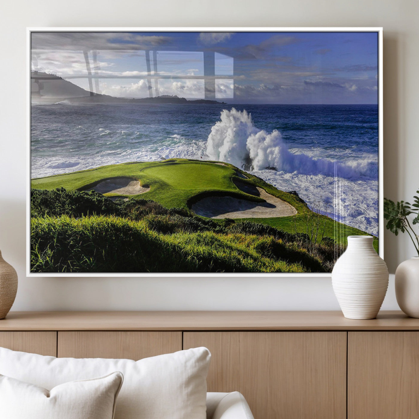 78508908-MGV-CV-60X30-3P_White-Dramatic Ocean Waves Crashing Against Rocky Coastline Near a Green Golf Course – Stunning Wall Art Canvas Print for Nature and Sports Lovers