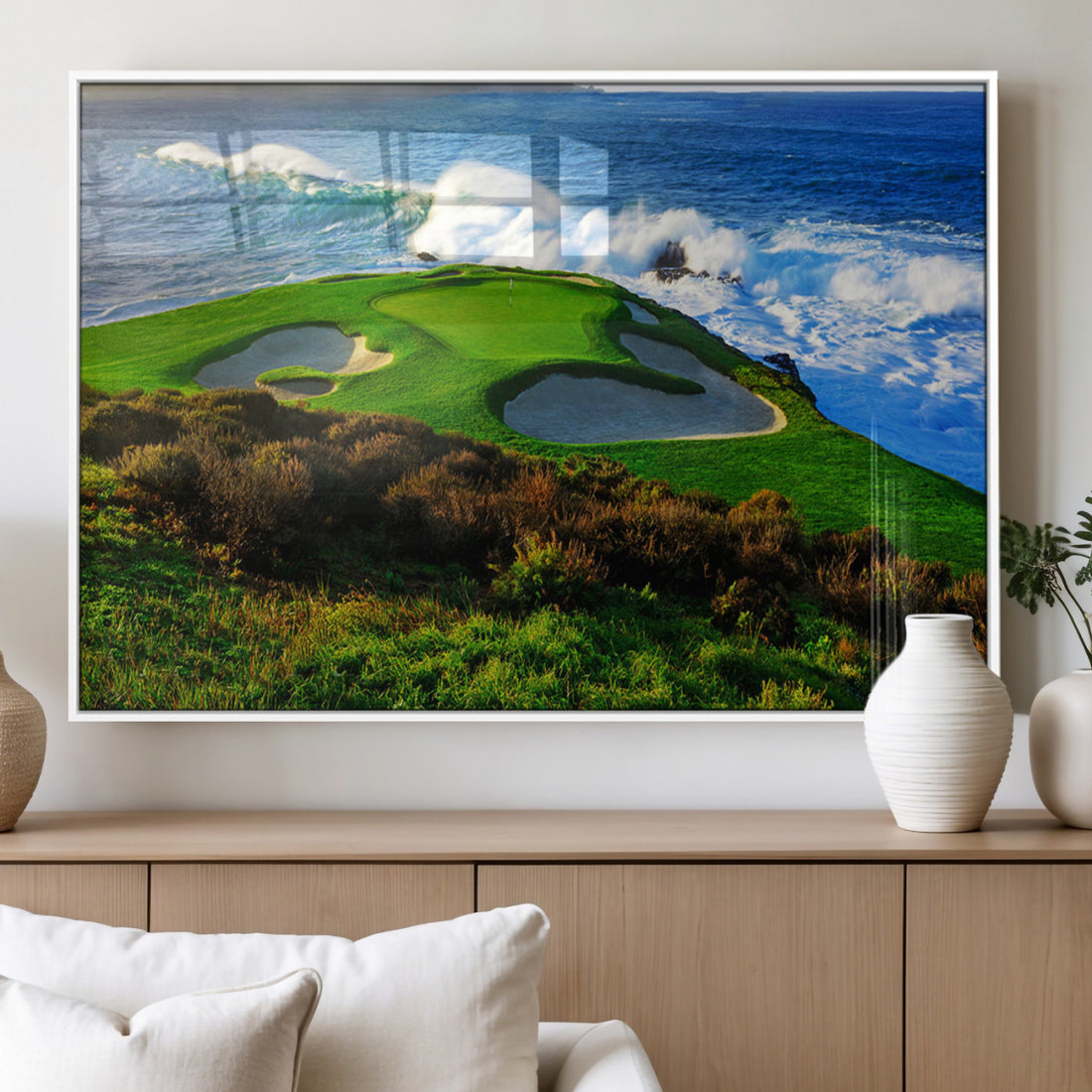 Coastal Golf Course Wall Art Canvas Print, Vibrant Green with Sand Bunkers and Ocean Waves