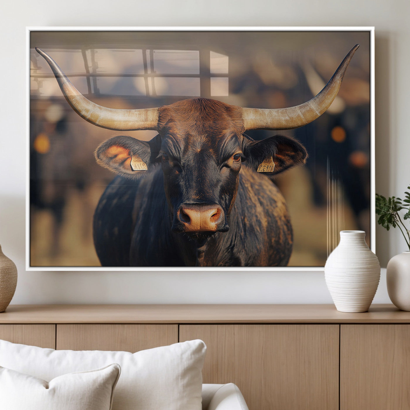 35515971-MGV-CV-60X30-3P_White-Majestic bull head close-up, long curved horns, detailed fur texture, warm sunlight, focused gaze, Wall Art Canvas Print