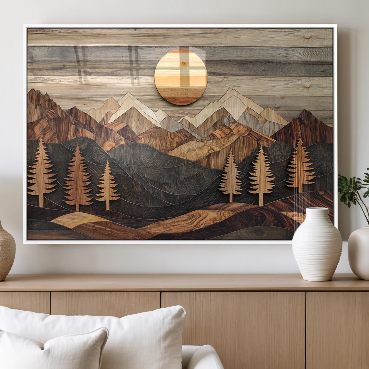 MGV-FP-60X30-3P - Wooden Mountain Layers Canvas Wall Art – Rustic Pine Tree Landscape with Sunlight Artistic Nature
