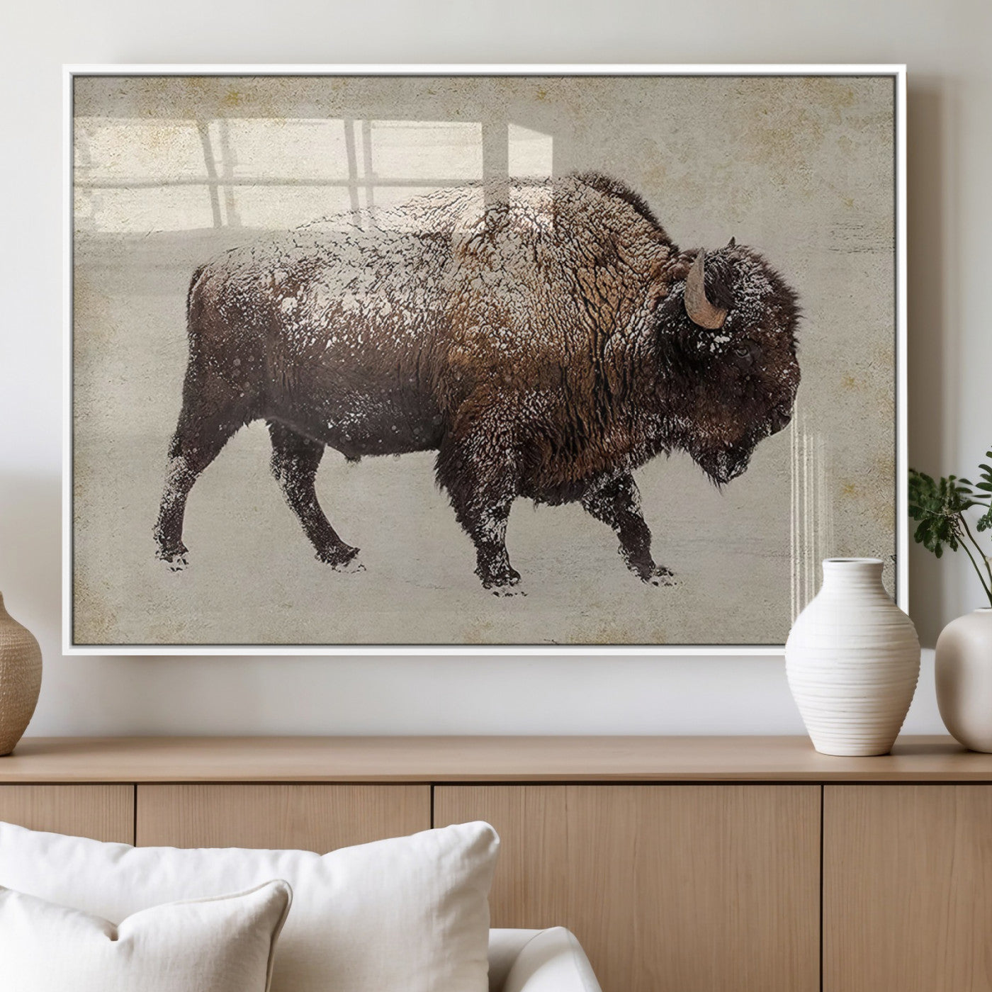 54810031-MGV-CV-60X30-3P_White-Snow-dusted bison silhouette textured vintage style rugged wildlife art with neutral tones perfect for rustic home decor Wall Art Canvas Print design