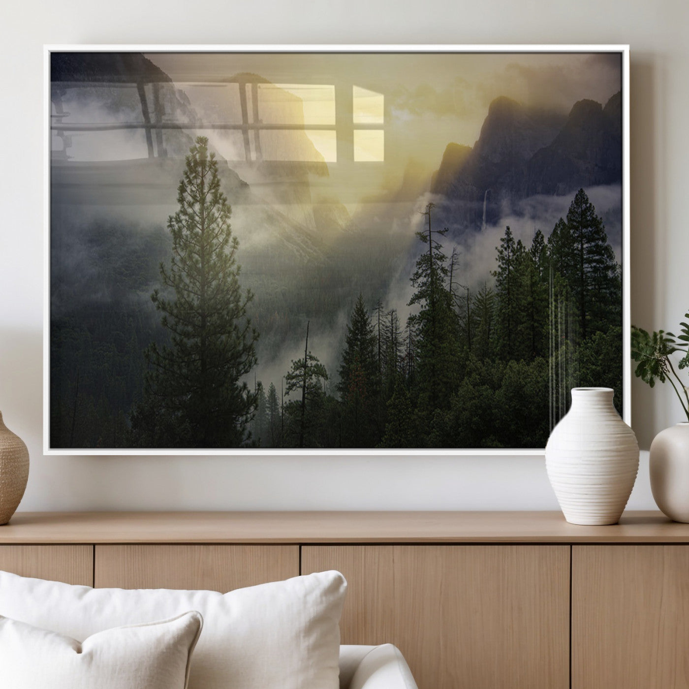 38316884-MGV-CV-60X30-3P_White-Misty Forest Sunrise Mountain Valley Pine Trees Foggy Landscape Nature Scenic Outdoors Calm Tranquil Wall Art Canvas Print