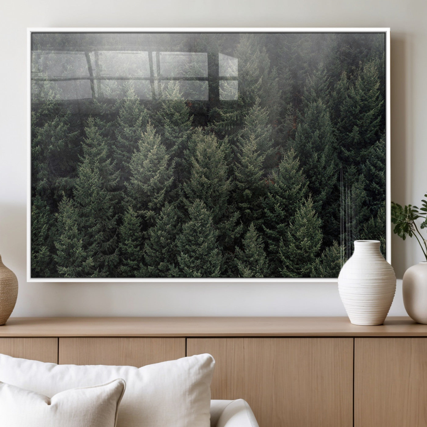 84059409-MGV-CV-60X30-3P_White-Dense Evergreen Forest Misty Morning Fog Pine Trees Woodland Nature Landscape Calm Peaceful Scenic Wall Art Canvas Print