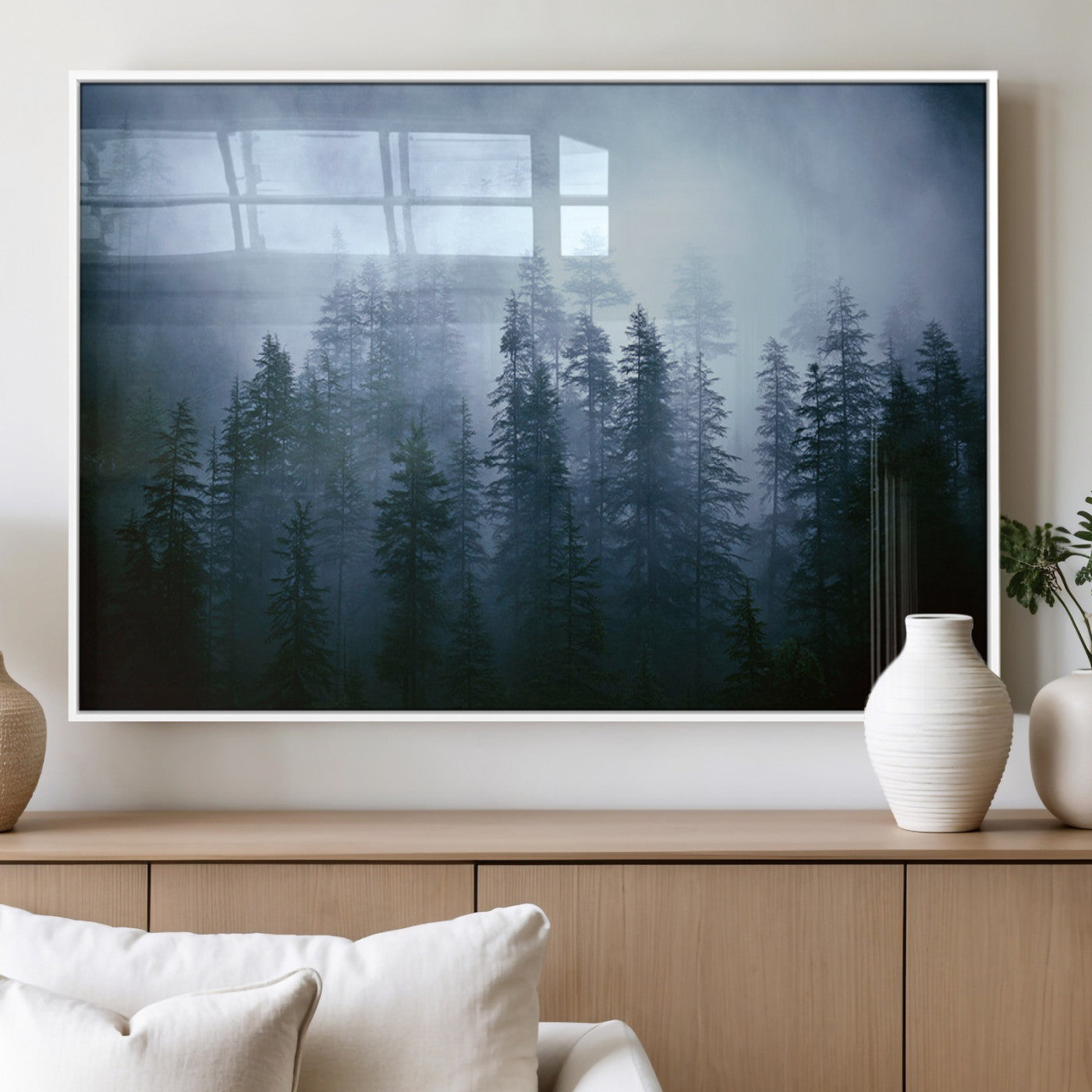 93439624-MGV-CV-60X30-3P_White-Foggy Evergreen Pines Mist Forest Blue Haze Moody Atmospheric Wilderness Nature Trees Scenic Tranquil Peaceful Landscape Wall Art Canvas Print