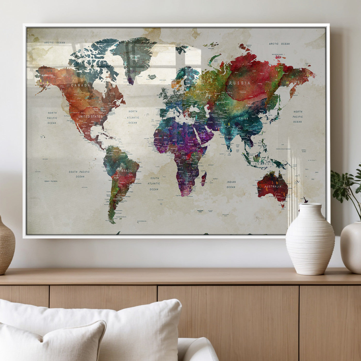 Colorful watercolor world map with countries labeled, featuring rich, vibrant hues across continents on a vintage beige background, Wall Art Canvas Print style.