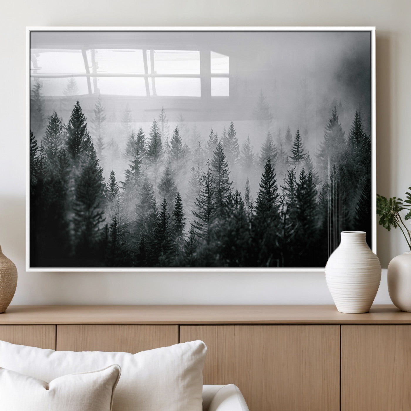 Horizontal black and white canvas wall art of foggy pine forest landscape for modern and rustic home decor