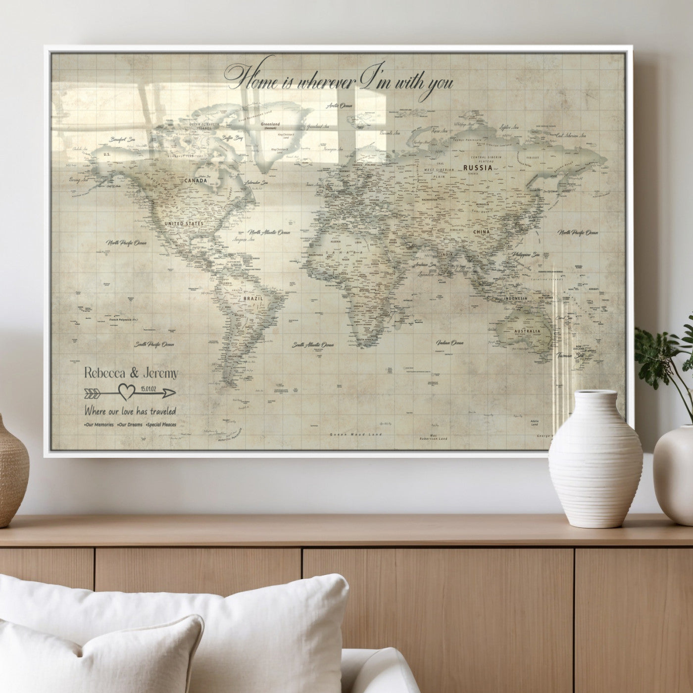 MGV-FP-36X24-3P - Personalized World Map Wall Art Canvas Print – Custom Push Pin Travel Map for Couples, Families, or Office Décor