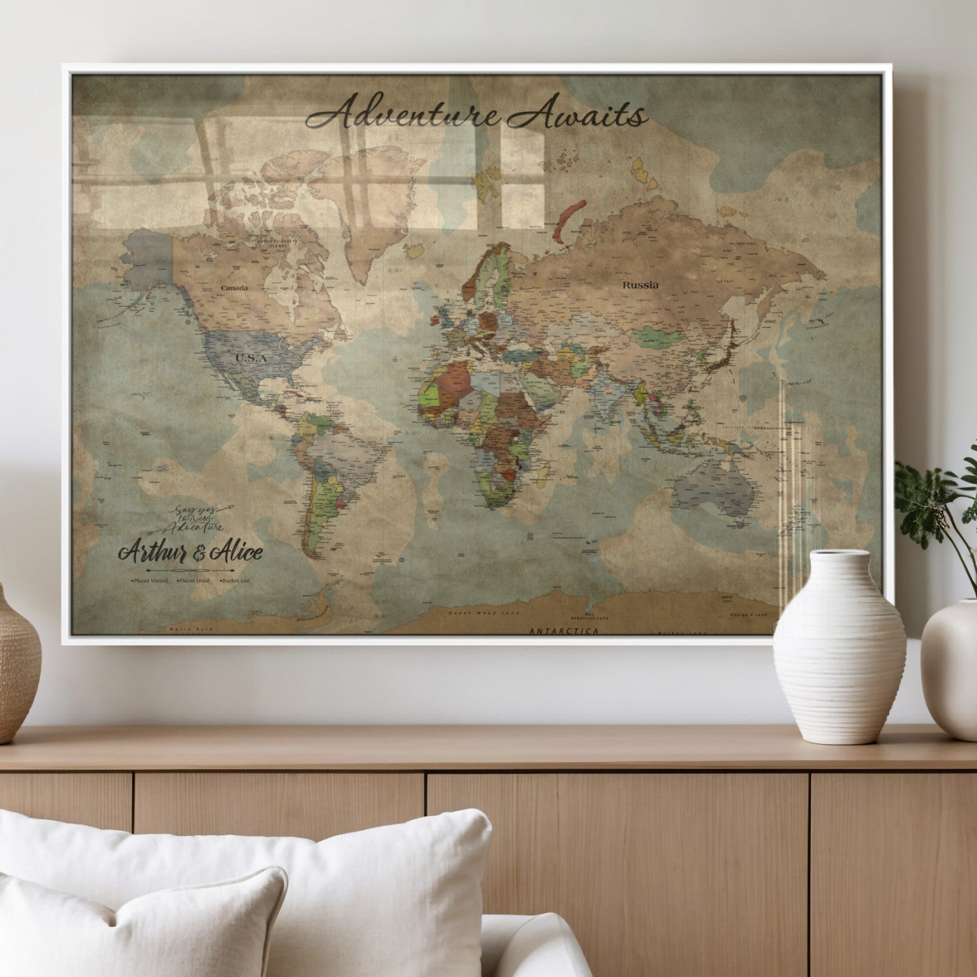 MGV-FP-36X24-3P - Personalized World Map Wall Art Canvas Print – Custom Push Pin Travel Map for Couples, Families, or Office Décor