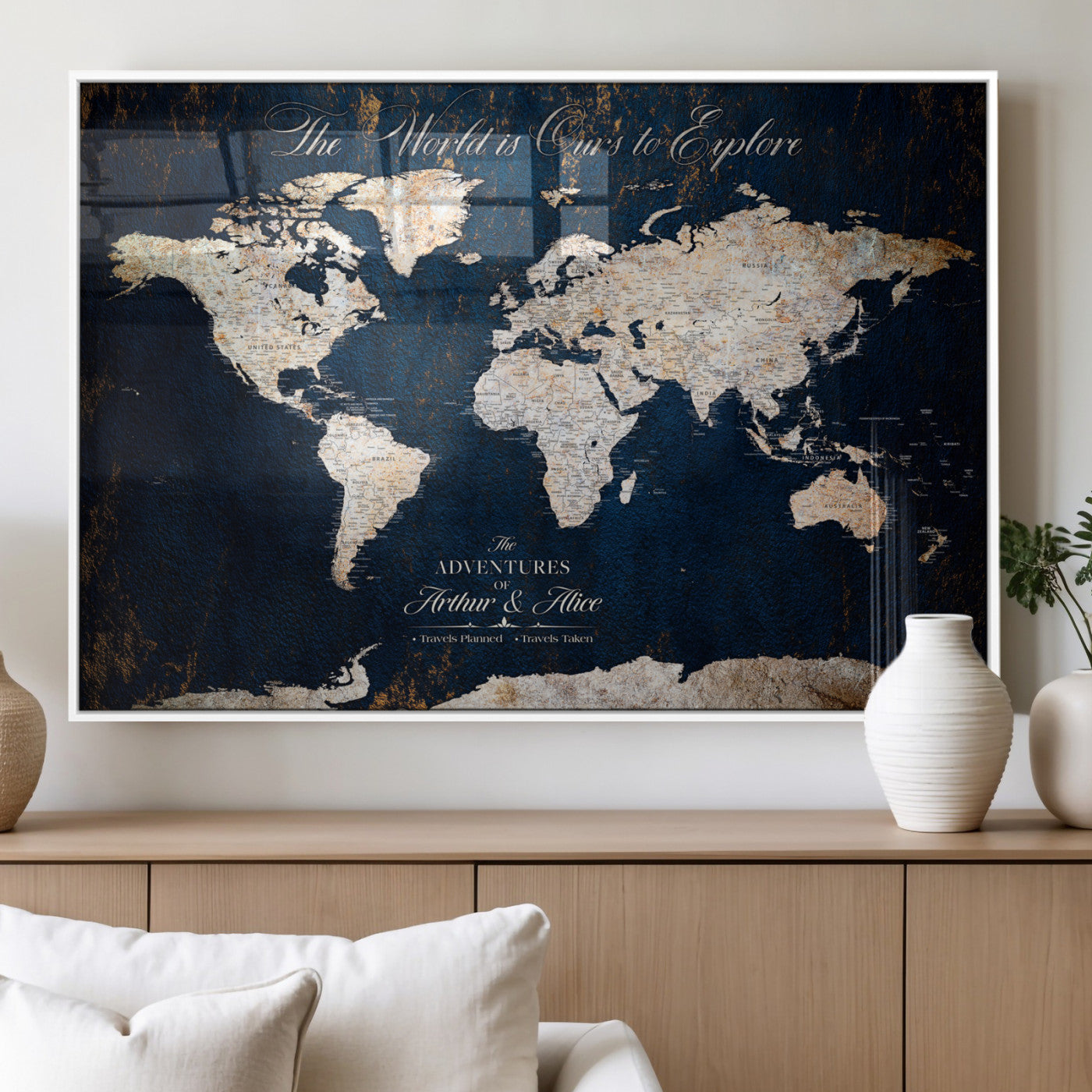 MGV-FP-36X24-3P - Personalized World Map Wall Art Canvas Print – Custom Push Pin Travel Map for Couples, Families, or Office Décor