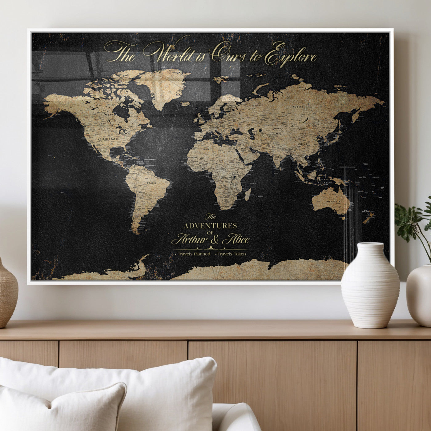 MGV-FP-36X24-3P - Personalized World Map Wall Art Canvas Print – Custom Push Pin Travel Map for Couples, Families, or Office Décor