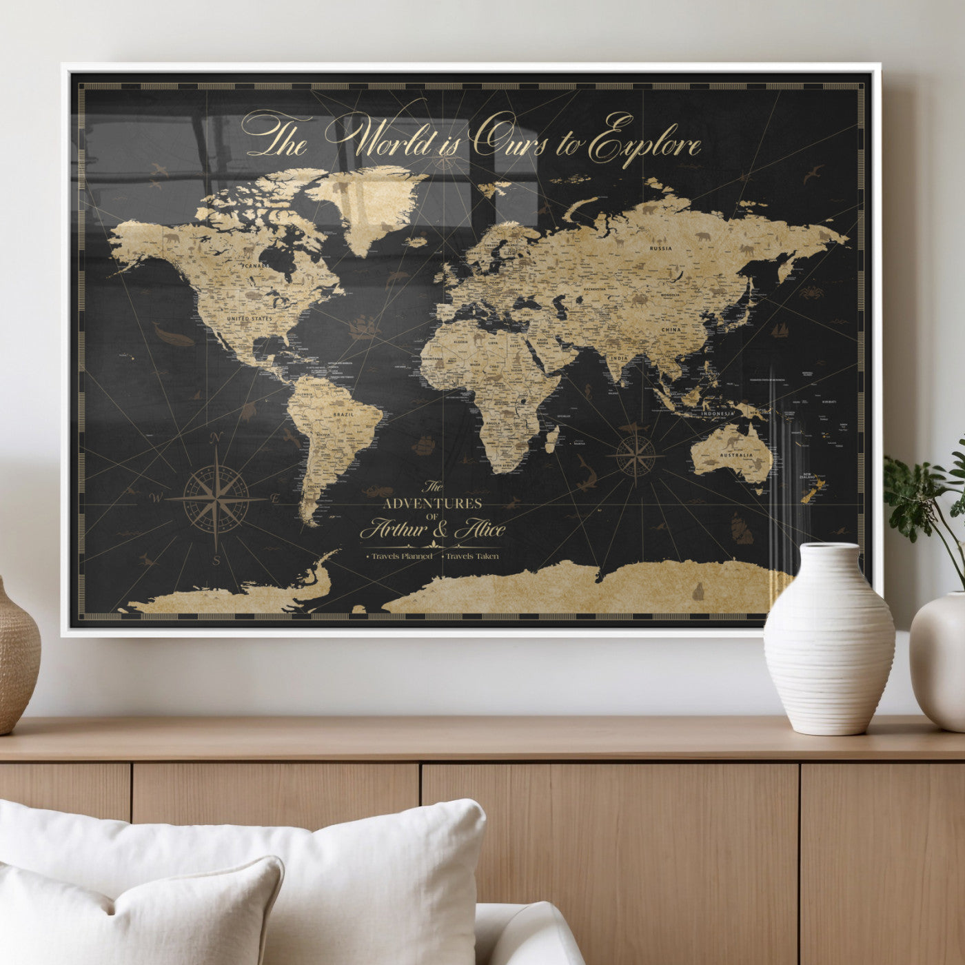 MGV-FP-36X24-3P - Personalized World Map Wall Art Canvas Print – Custom Push Pin Travel Map for Couples, Families, or Office Décor