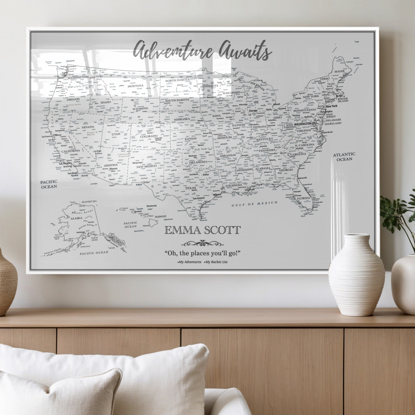 MGV-FP-36X24-3P - Personalized US Map Wall Art Canvas Print – Custom Push Pin Travel United States US Map for Couples, Families, or Office Décor