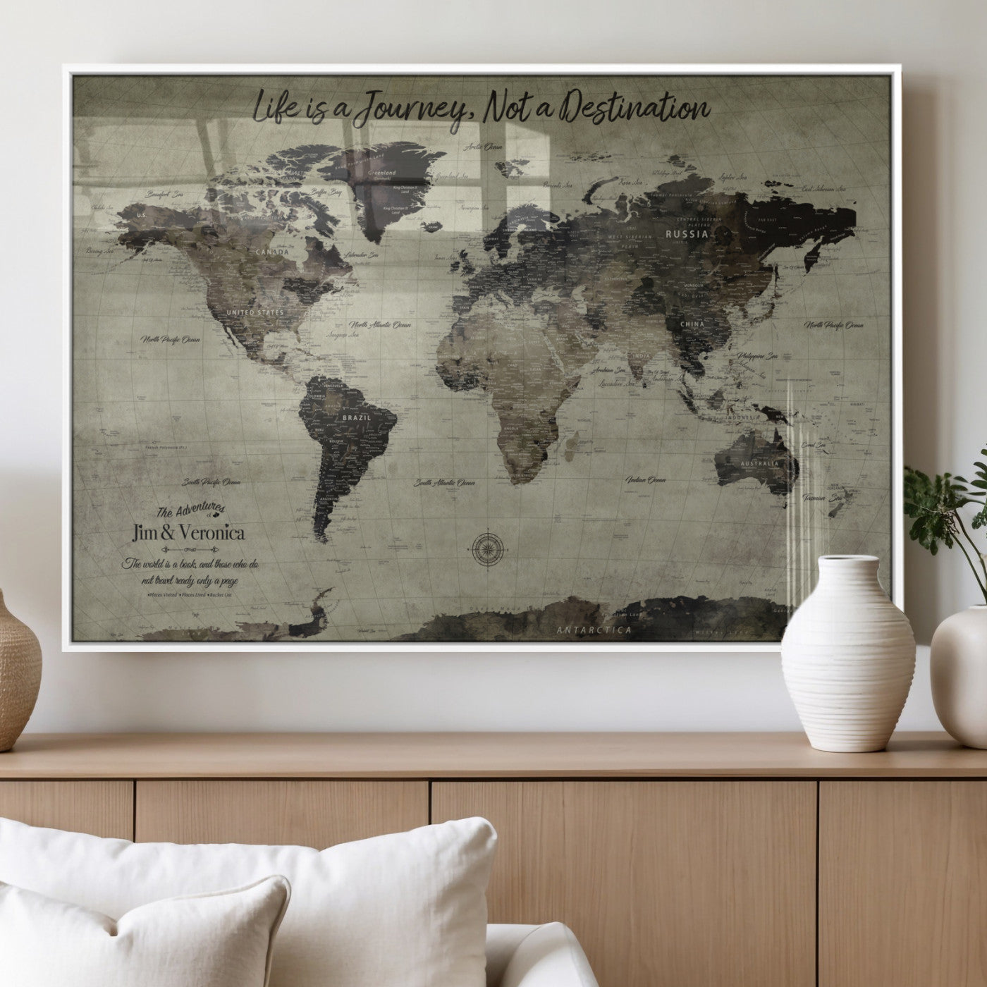 MGV-FP-36X24-3P - Personalized World Map Wall Art Canvas Print – Custom Push Pin Travel Map for Couples, Families, or Office Décor