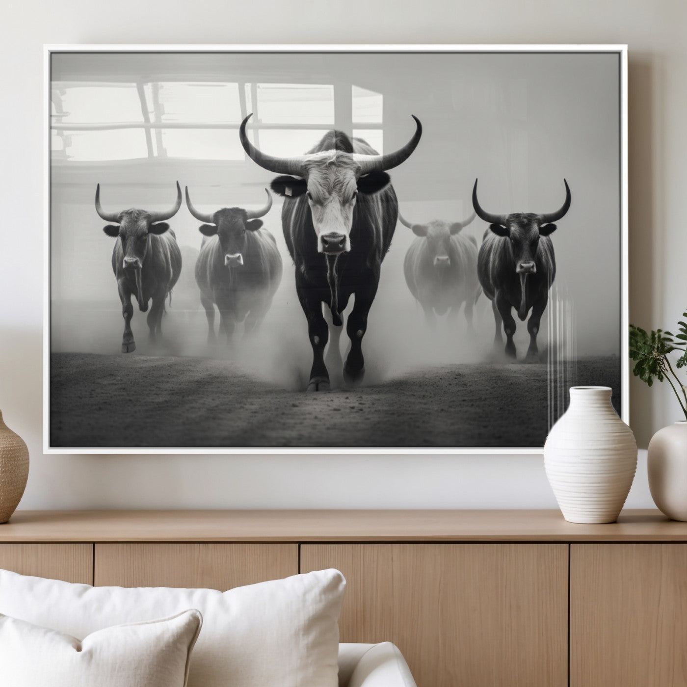 N34534C-MGV-FP-36X24 - Texas Bighorn Cow Hern Wall Art Canvas Print, Longhorn Cow Large Wall Art