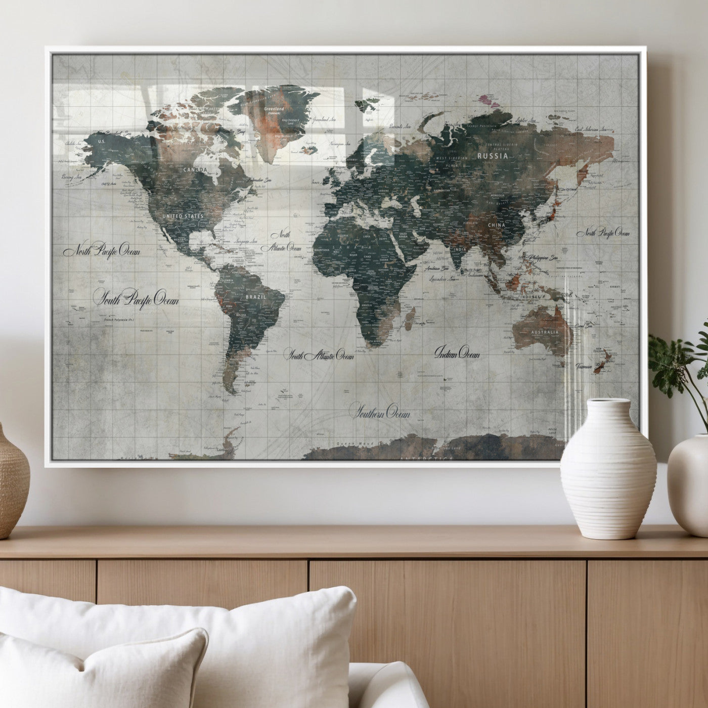 90149079-MGV-FP-36X24 - World Map Wall Art Canvas Print, Modern Decorative Framed Map Artwork Prints for Living Room, Office, Bedroom Wall Decor