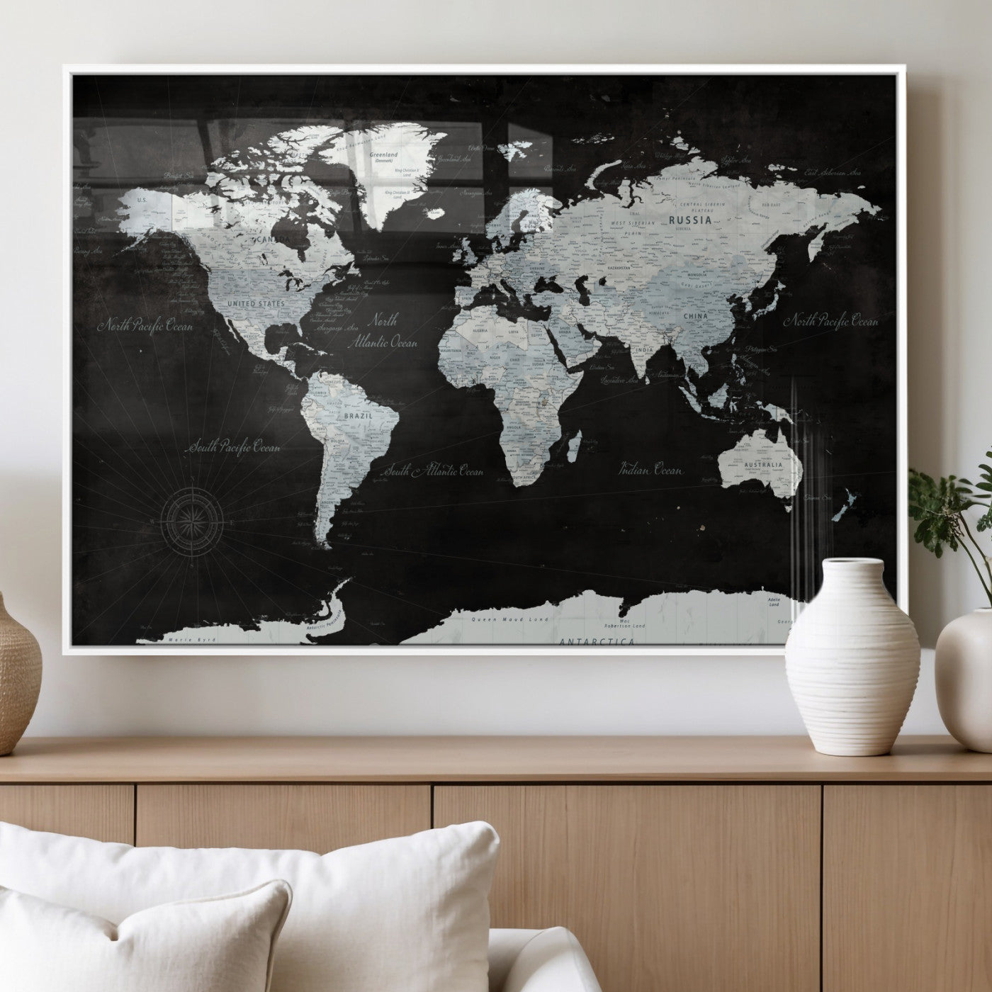30759283-MGV-FP-36X24 - World Map Wall Art Canvas Print, Modern Decorative Framed Map Artwork Prints for Living Room, Office, Bedroom Wall Decor
