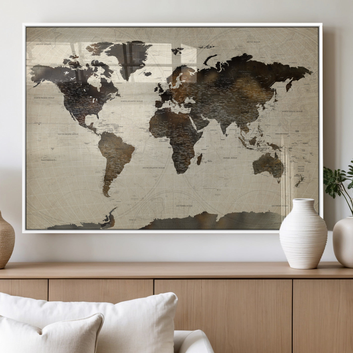 81771296-MGV-FP-36X24 - World Map Wall Art Canvas Print, Modern Decorative Framed Map Artwork Prints for Living Room, Office, Bedroom Wall Decor