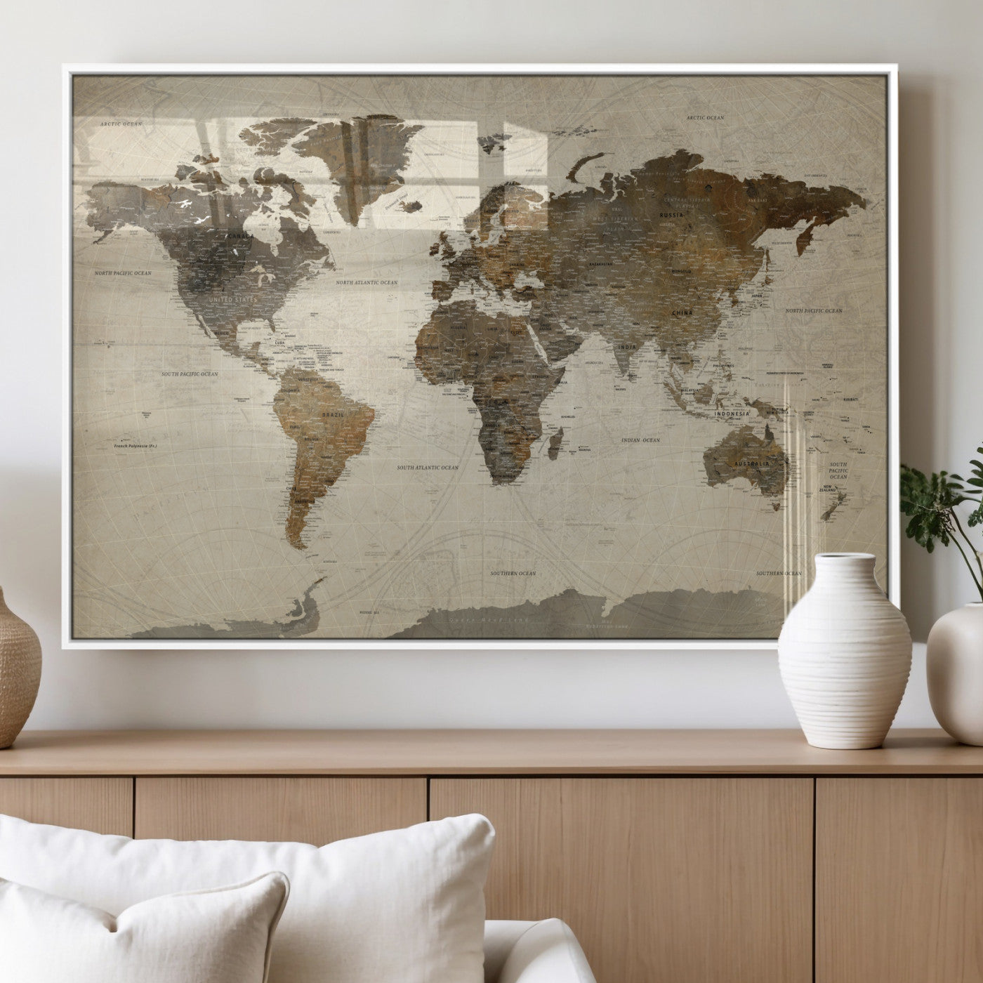 91849163-MGV-FP-36X24 - World Map Wall Art Canvas Print, Modern Decorative Framed Map Artwork Prints for Living Room, Office, Bedroom Wall Decor