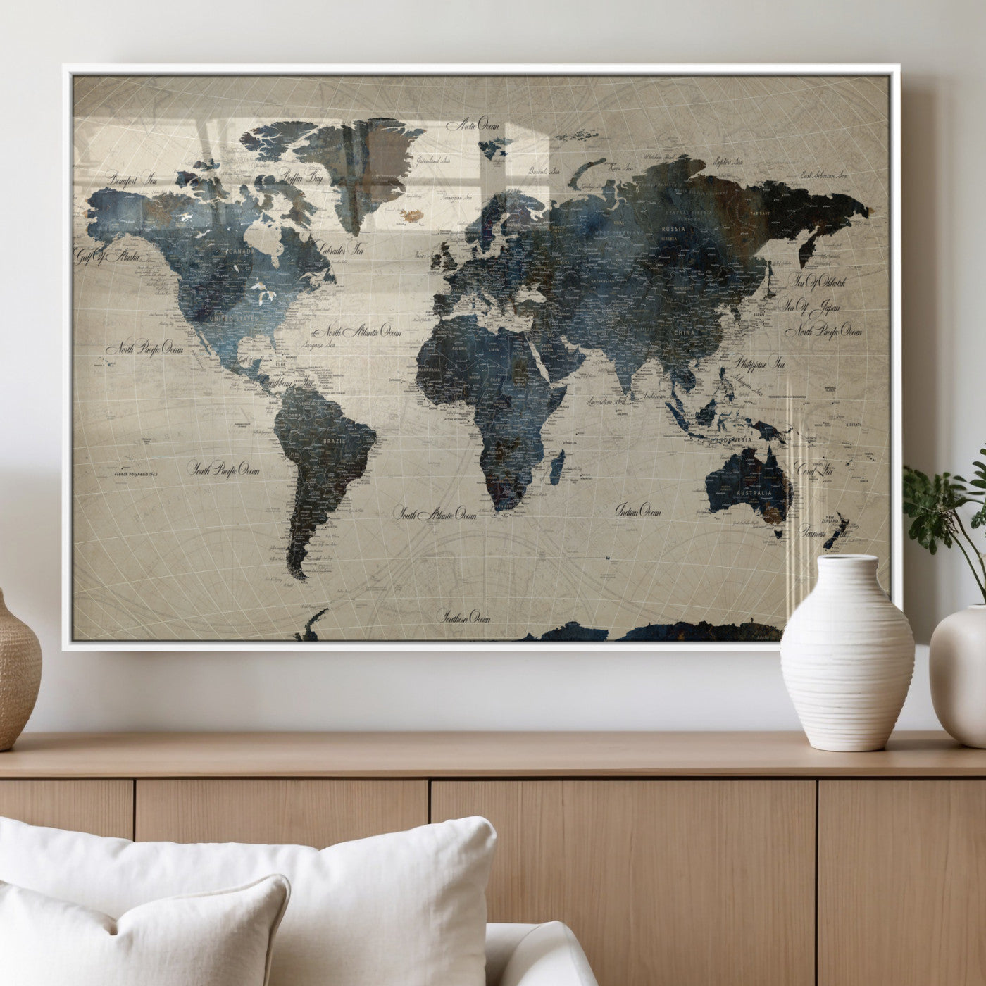 33438443-MGV-FP-36X24 - World Map Wall Art Canvas Print, Modern Decorative Framed Map Artwork Prints for Living Room, Office, Bedroom Wall Decor