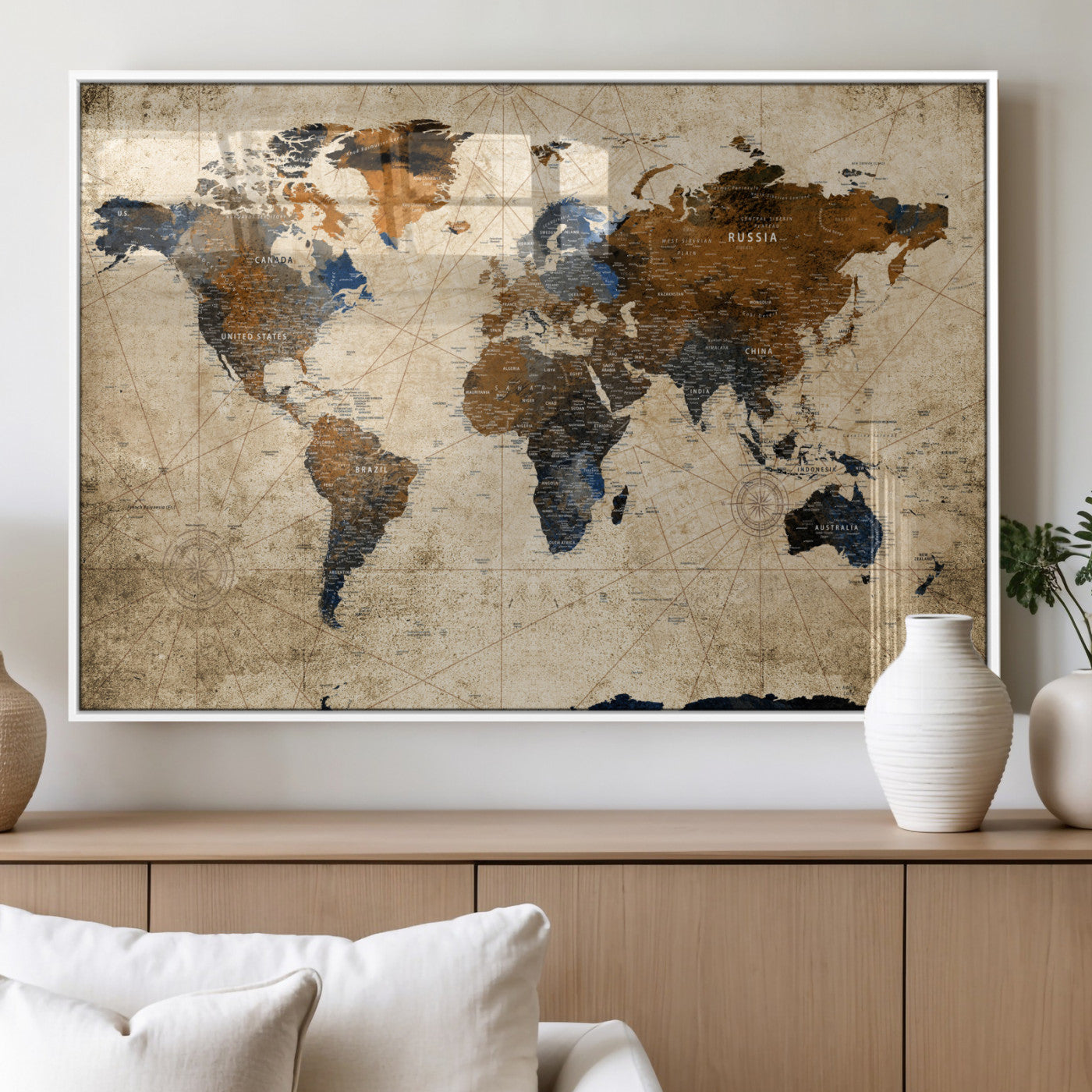 56297284-MGV-FP-36X24 - World Map Wall Art Canvas Print, Modern Decorative Framed Map Artwork Prints for Living Room, Office, Bedroom Wall Decor