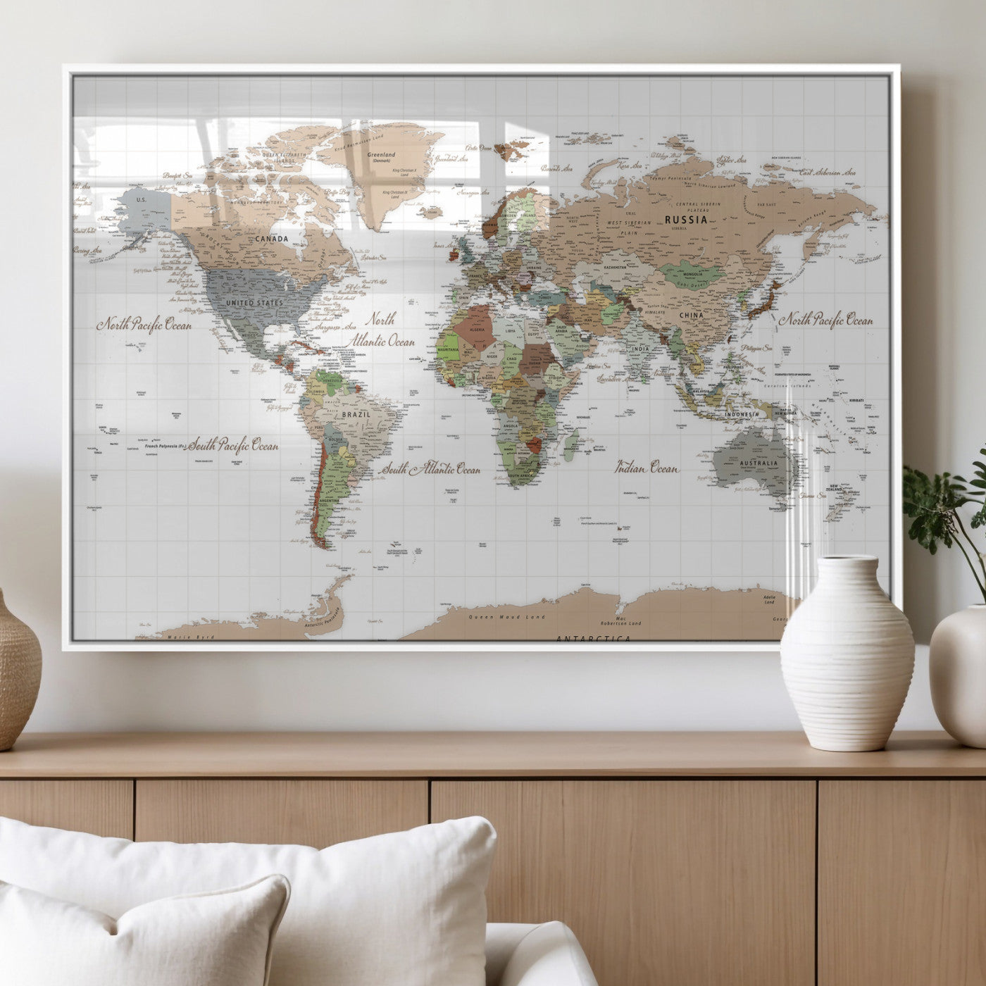91286788-MGV-CV-36X24 - World Map Wall Art Canvas Print, Modern Decorative Framed Map Artwork Prints for Living Room, Office, Bedroom Wall Decor