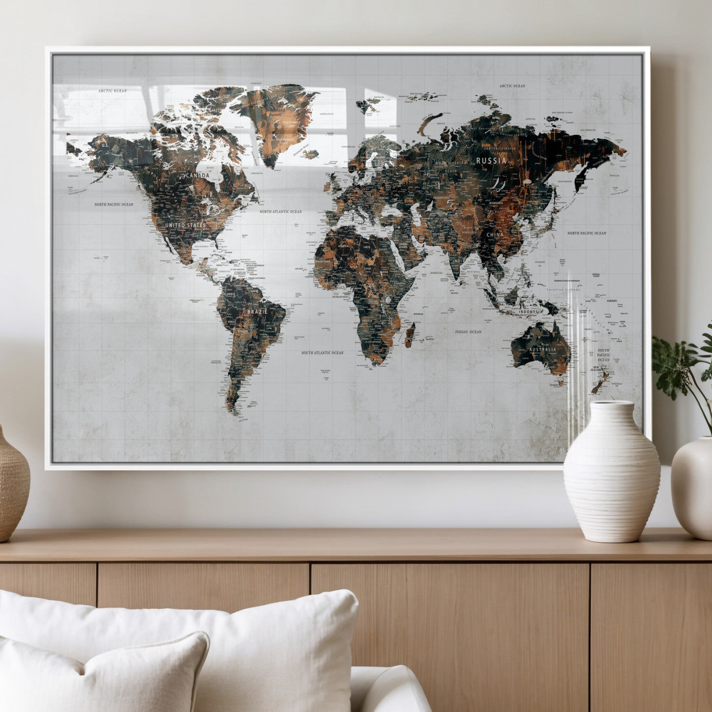 60008766-MGV-CV-36X24 - World Map Wall Art Canvas Print, Modern Decorative Framed Map Artwork Prints for Living Room, Office, Bedroom Wall Decor