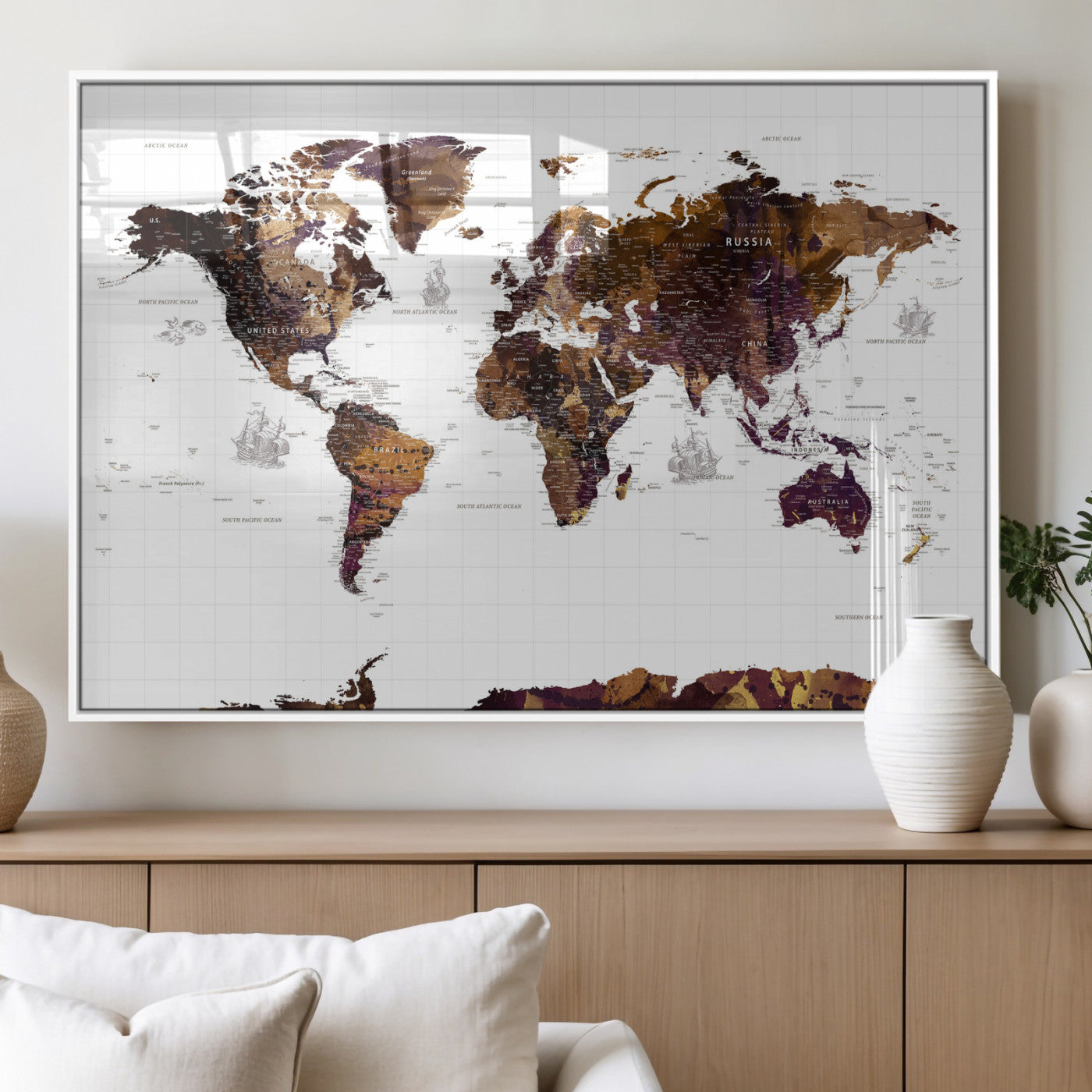 34792695-MGV-CV-36X24 - World Map Wall Art Canvas Print, Modern Decorative Framed Map Artwork Prints for Living Room, Office, Bedroom Wall Decor