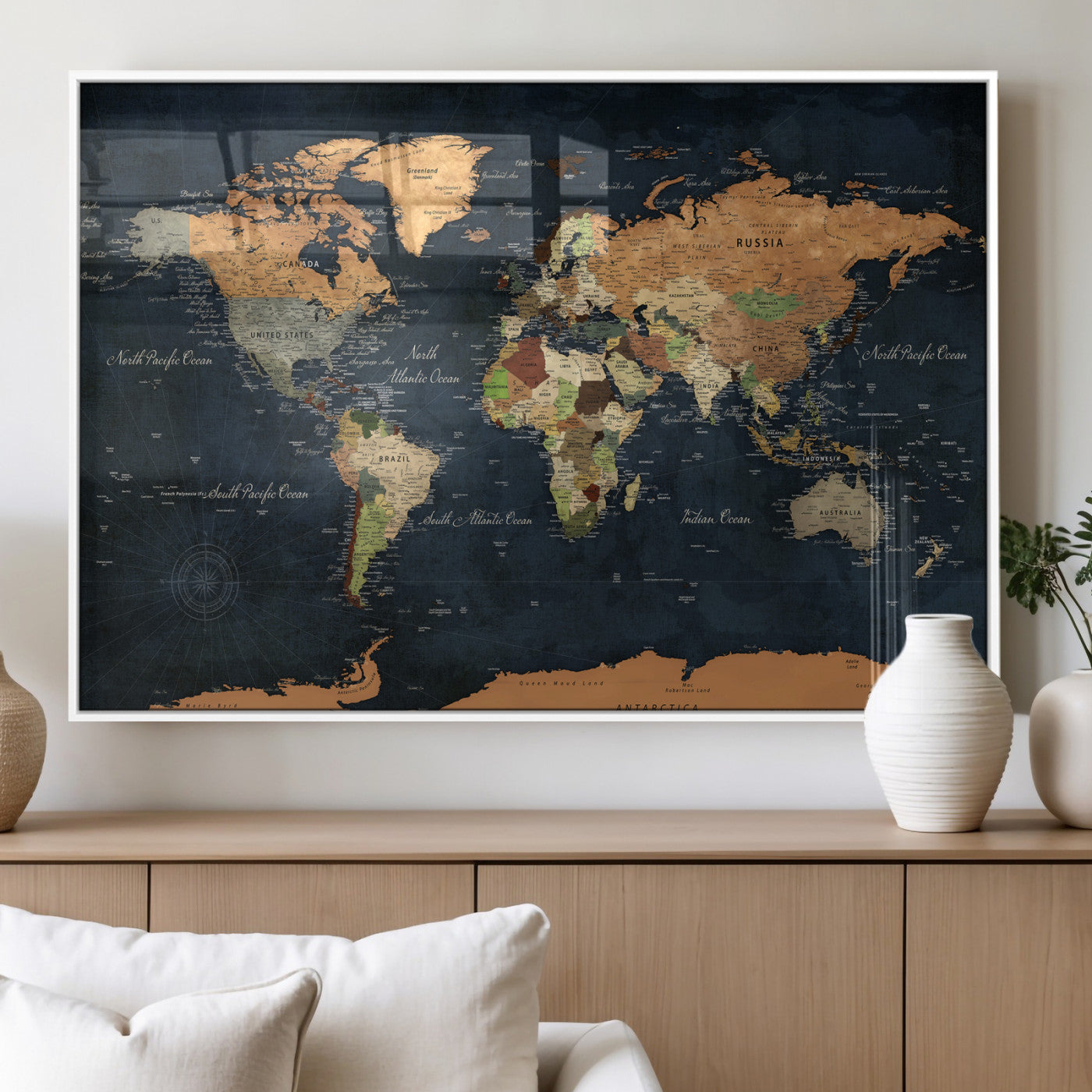 53717402-MGV-CV-36X24 - World Map Wall Art Canvas Print, Modern Decorative Framed Map Artwork Prints for Living Room, Office, Bedroom Wall Decor