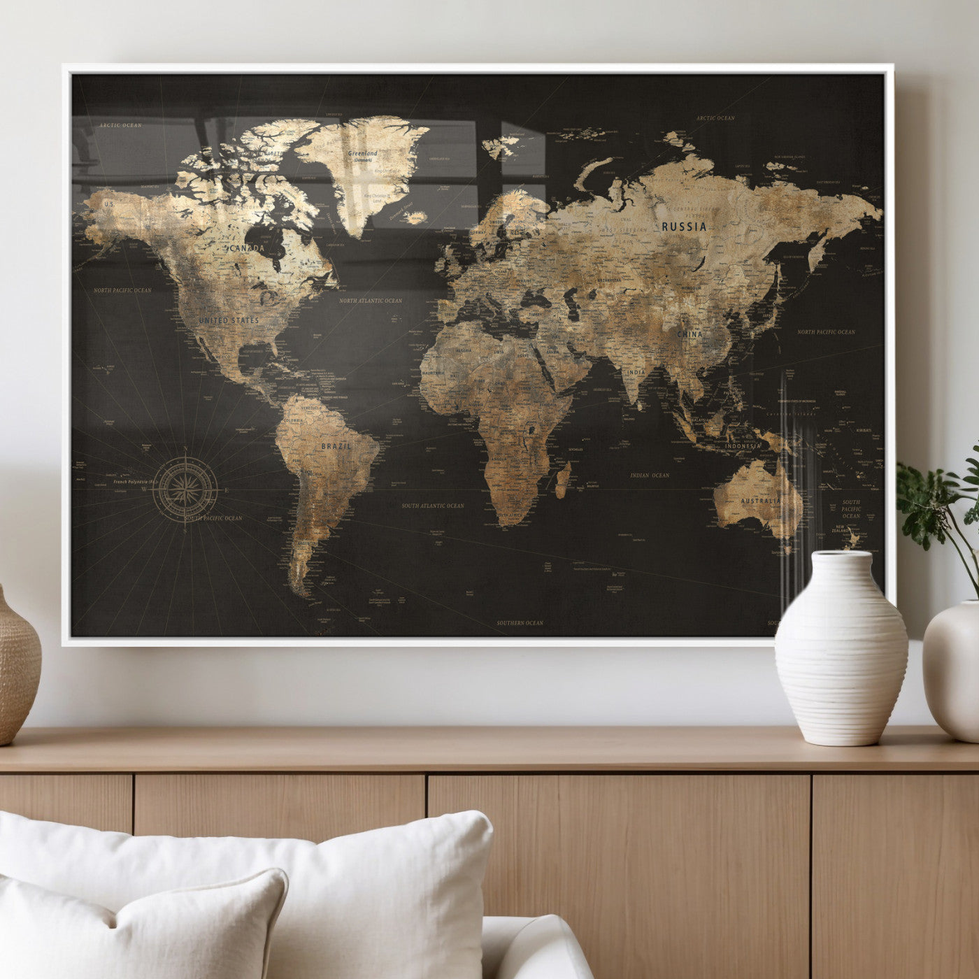 70985630-MGV-CV-36X24 - World Map Wall Art Canvas Print, Modern Decorative Framed Map Artwork Prints for Living Room, Office, Bedroom Wall Decor
