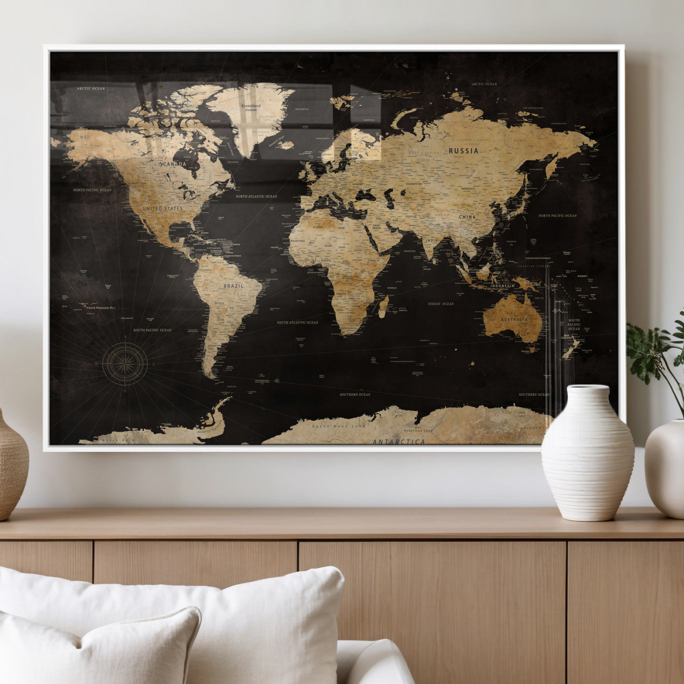 70468159-MGV-CV-36X24 - World Map Wall Art Canvas Print, Modern Decorative Framed Map Artwork Prints for Living Room, Office, Bedroom Wall Decor