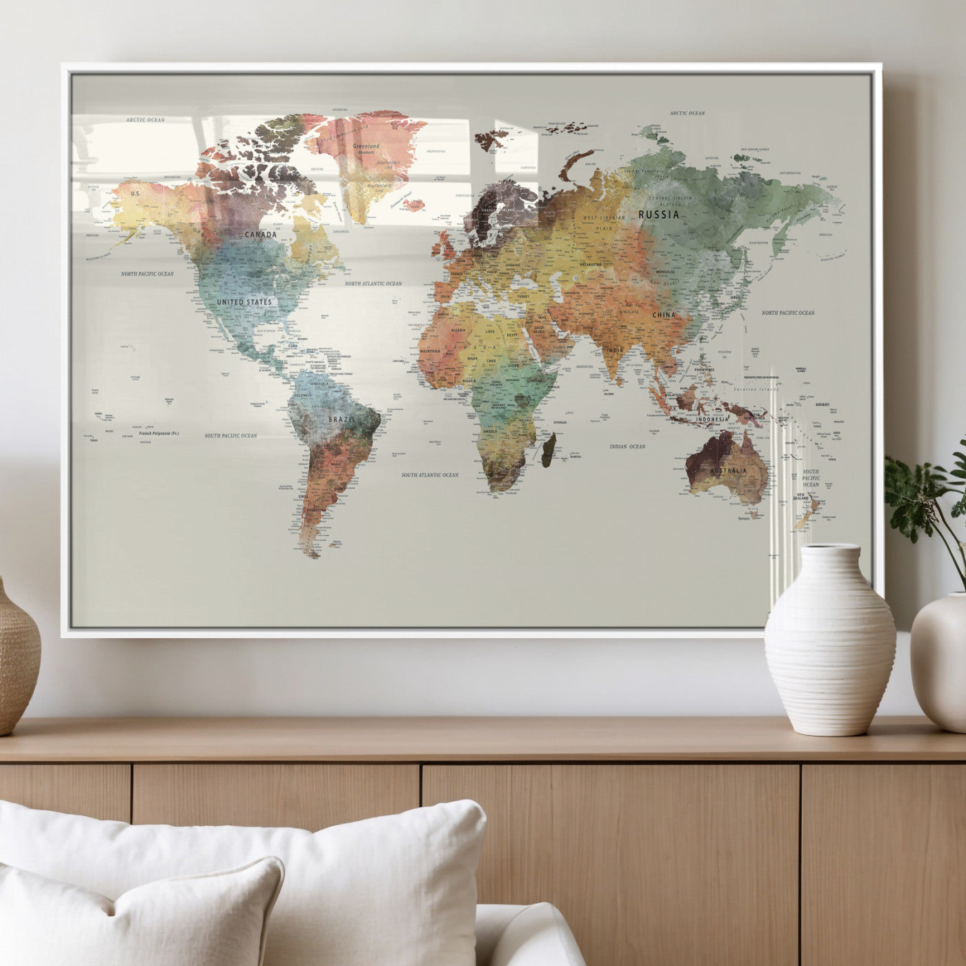 64206059-MGV-CV-36X24 - World Map Wall Art Canvas Print, Modern Decorative Framed Map Artwork Prints for Living Room, Office, Bedroom Wall Decor