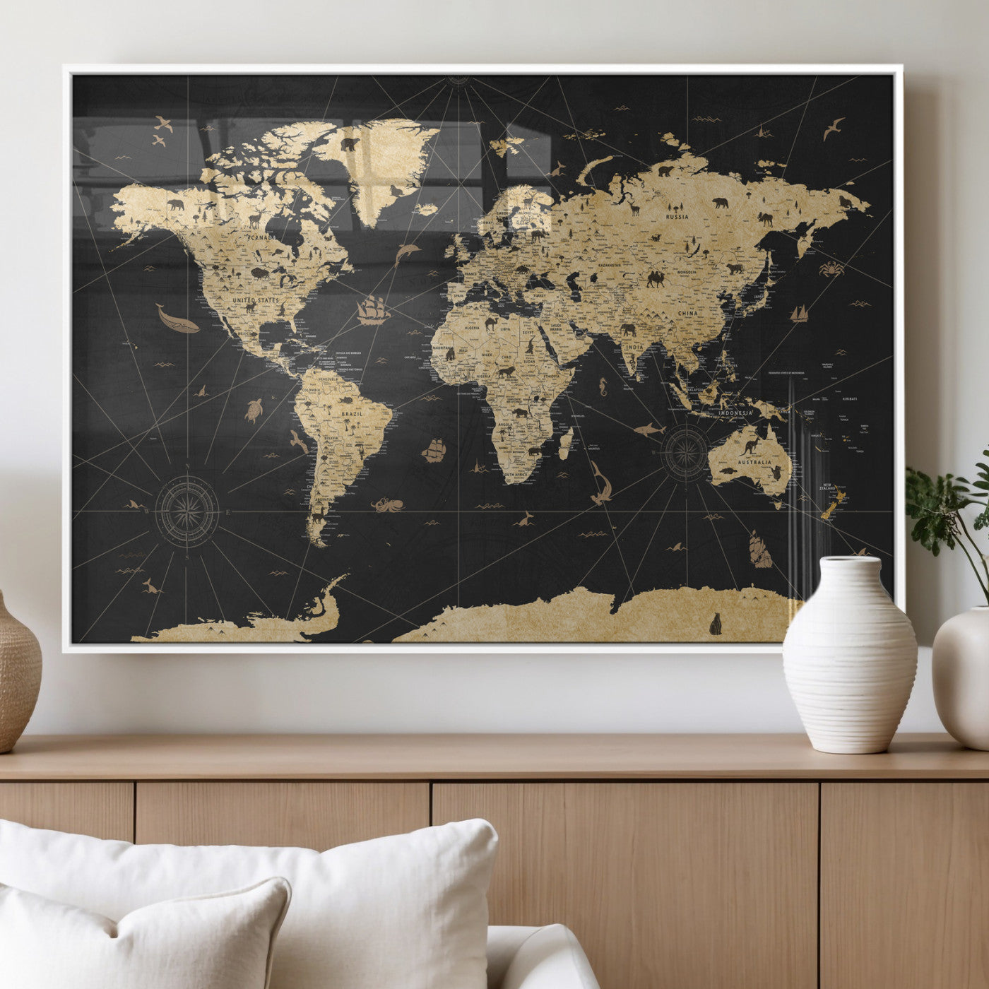 80270976-MGV-CV-36X24 - World Map Wall Art Canvas Print, Modern Decorative Framed Map Artwork Prints for Living Room, Office, Bedroom Wall Decor