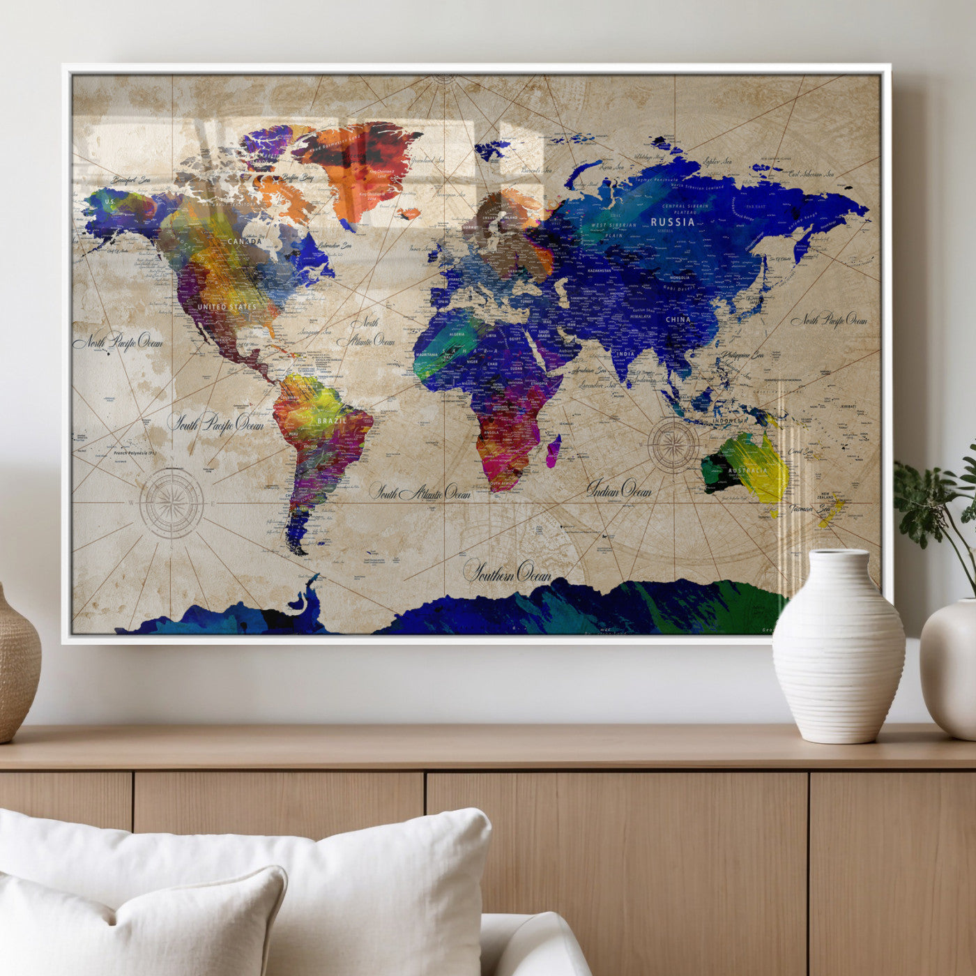 26284075-MGV-CV-36X24 - World Map Wall Art Canvas Print, Modern Decorative Framed Map Artwork Prints for Living Room, Office, Bedroom Wall Decor